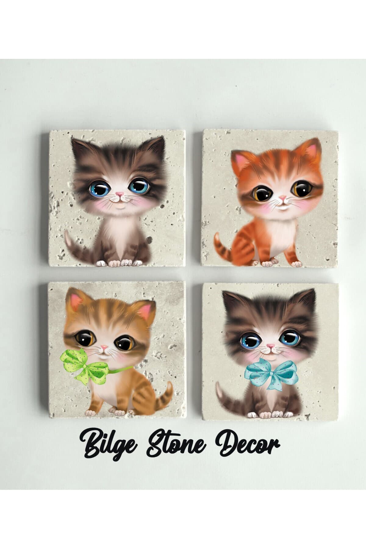 bilge tasarım Stone Decor Taş Bardak Altlığı 4'lü Set 10x10x1 Cm desenli