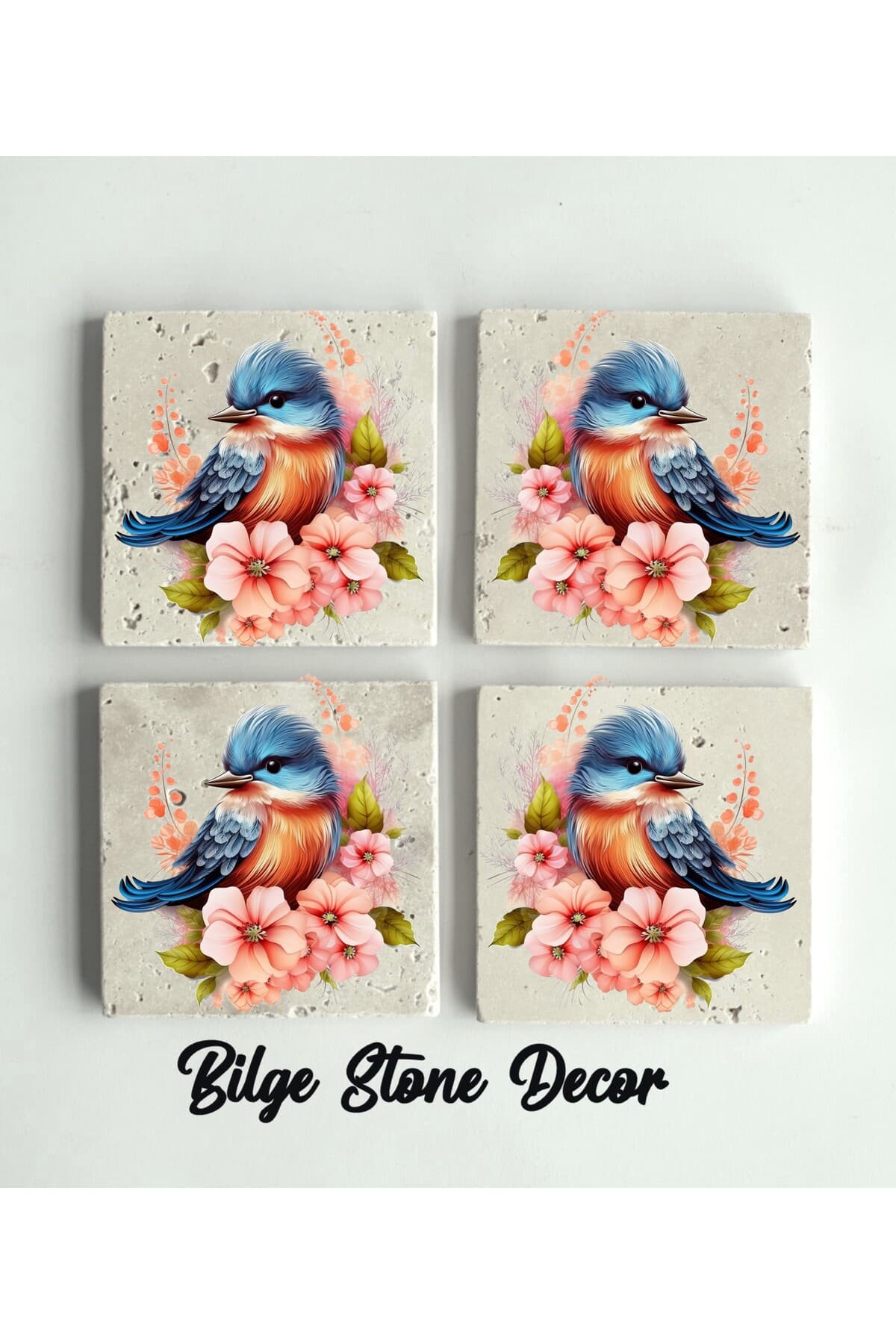 bilge tasarım Stone Decor Taş Bardak Altlığı 4'lü Set 10x10x1 Cm desenli