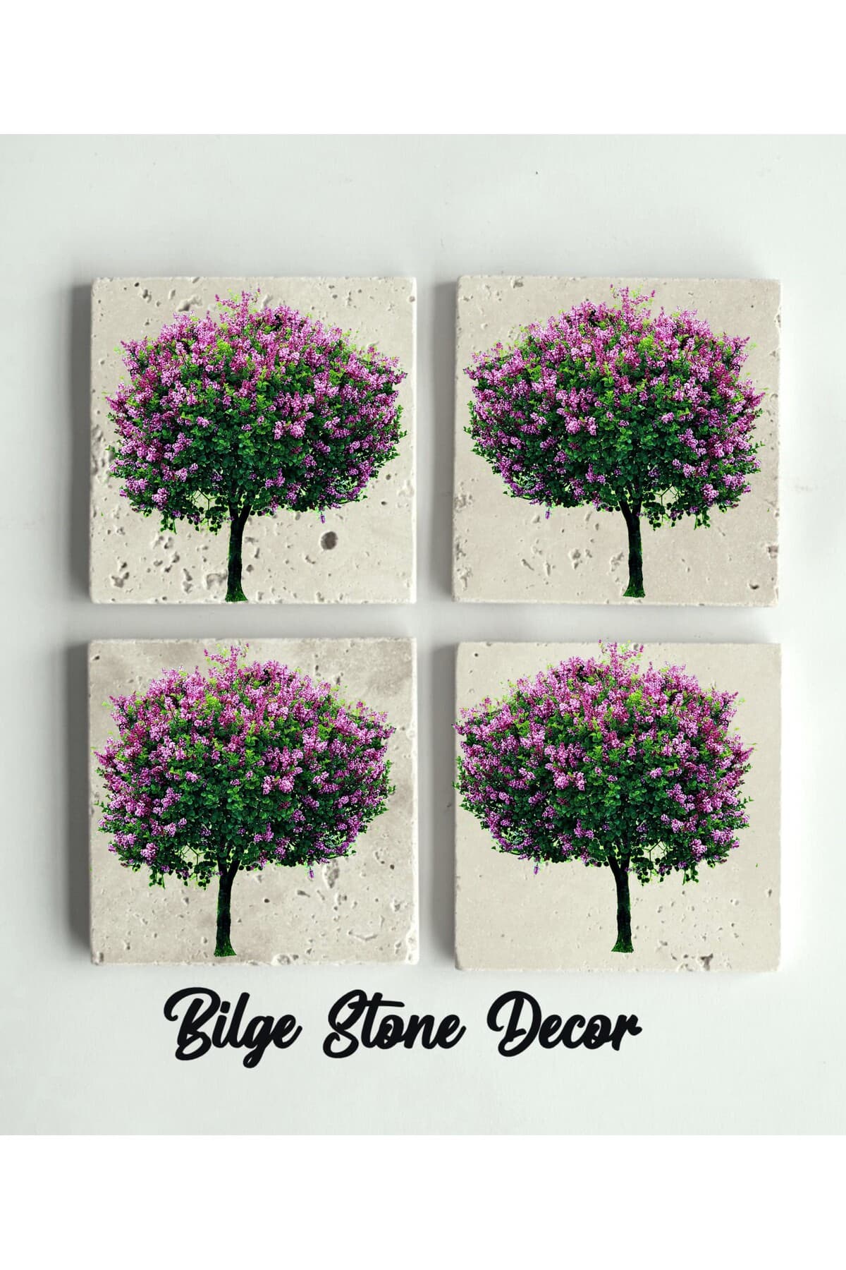 bilge tasarım Stone Decor Taş Bardak Altlığı 4'lü Set 10x10x1 Cm desenli