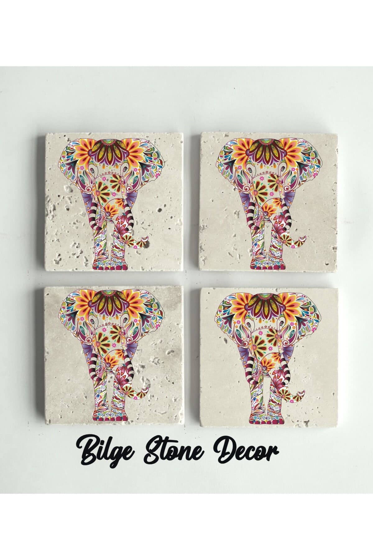 bilge tasarım Stone Decor Taş Bardak Altlığı 4'lü Set 10x10x1 Cm desenli