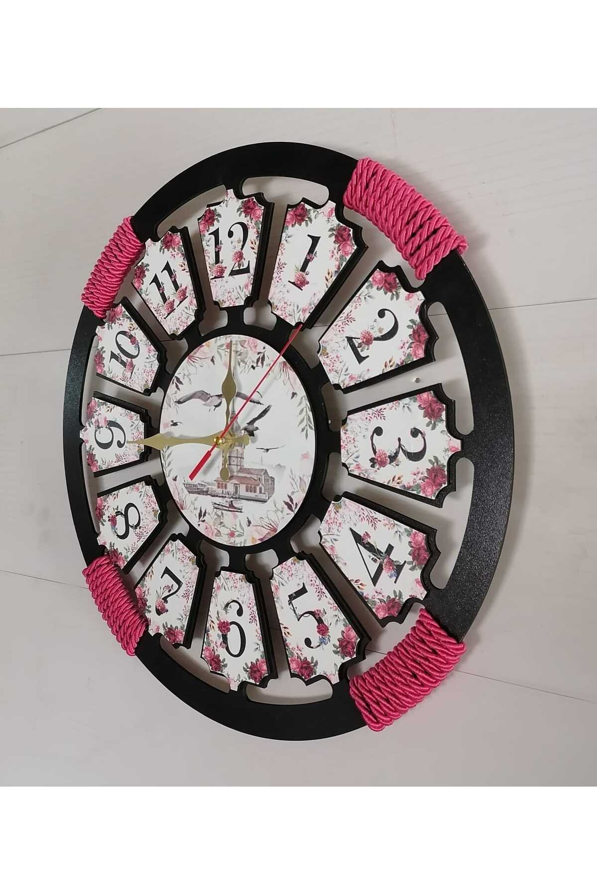 Bilge tasarım Ahşap Duvar Saati kırmızı Hasır Halat Detaylı 40 x 40 cm