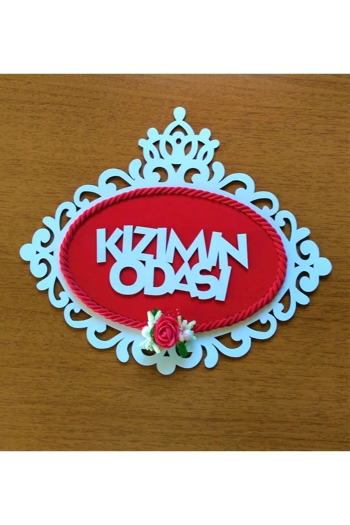 Ahşap Kırmızı Halat Detaylı Çiçekli Kapı Duvar Süsü Kızımın Odası
