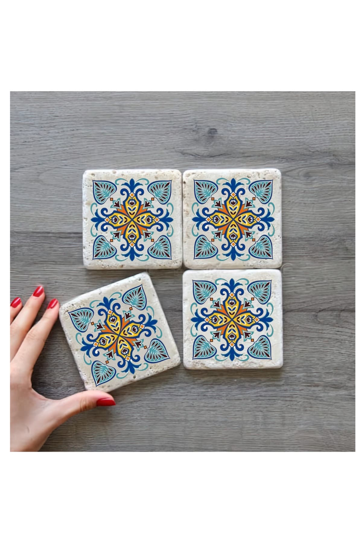 bilge tasarım Stone Decor Taş Bardak Altlığı 4'lü Set 10x10x1 Cm desenli