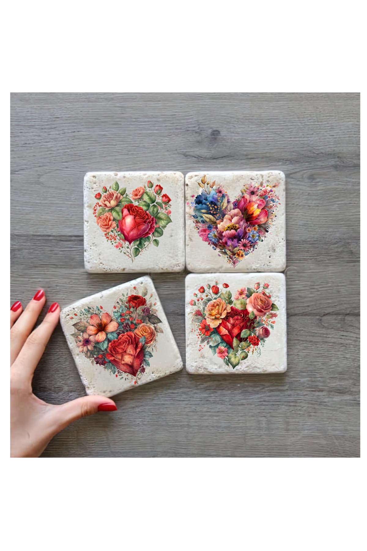 bilge tasarım Stone Decor Taş Bardak Altlığı 4'lü Set 10x10x1 Cm desenli