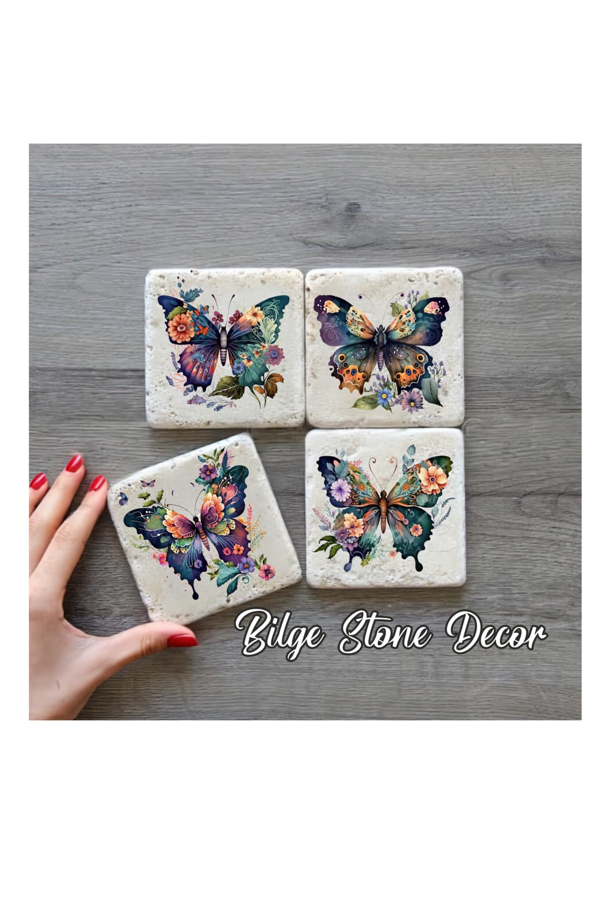 bilge tasarım Stone Decor Taş Bardak Altlığı 4'lü Set 10x10x1 Cm desenli