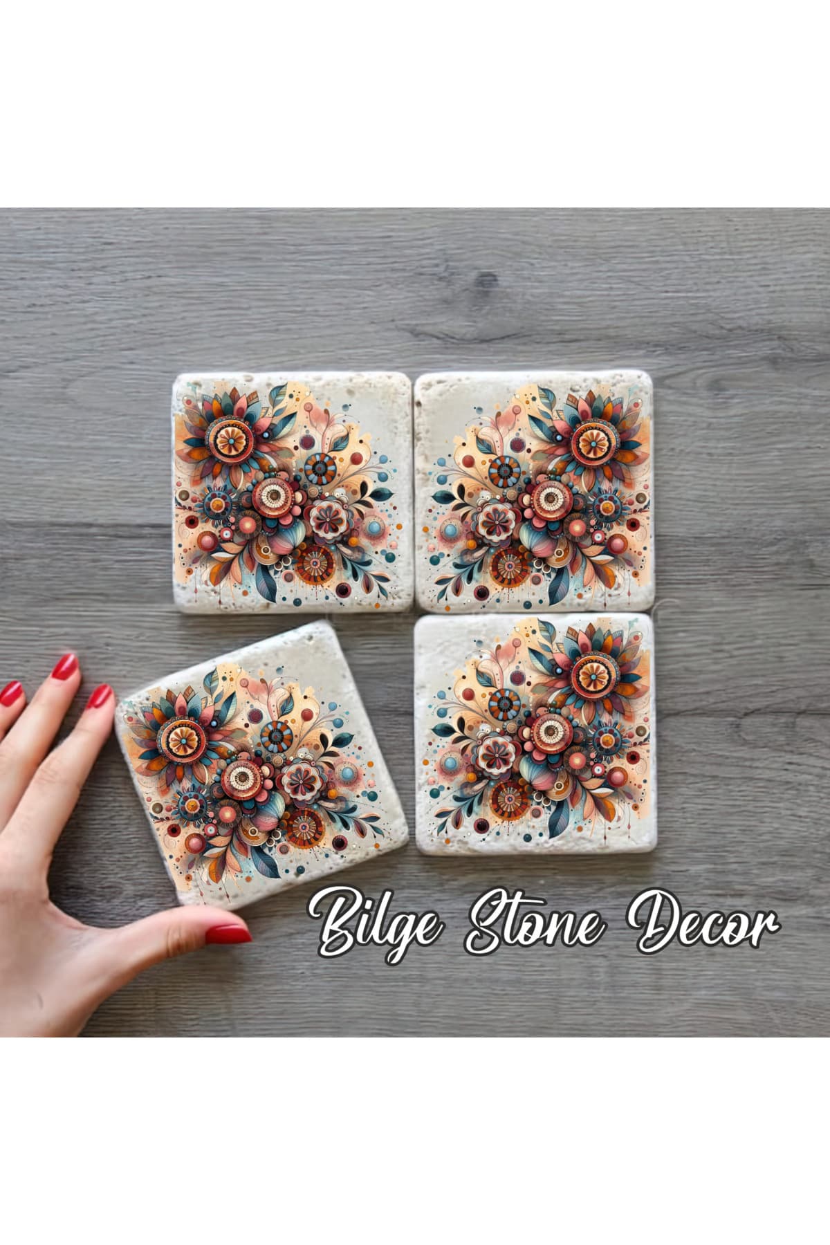 bilge tasarım Stone Decor Taş Bardak Altlığı 4'lü Set 10x10x1 Cm desenli