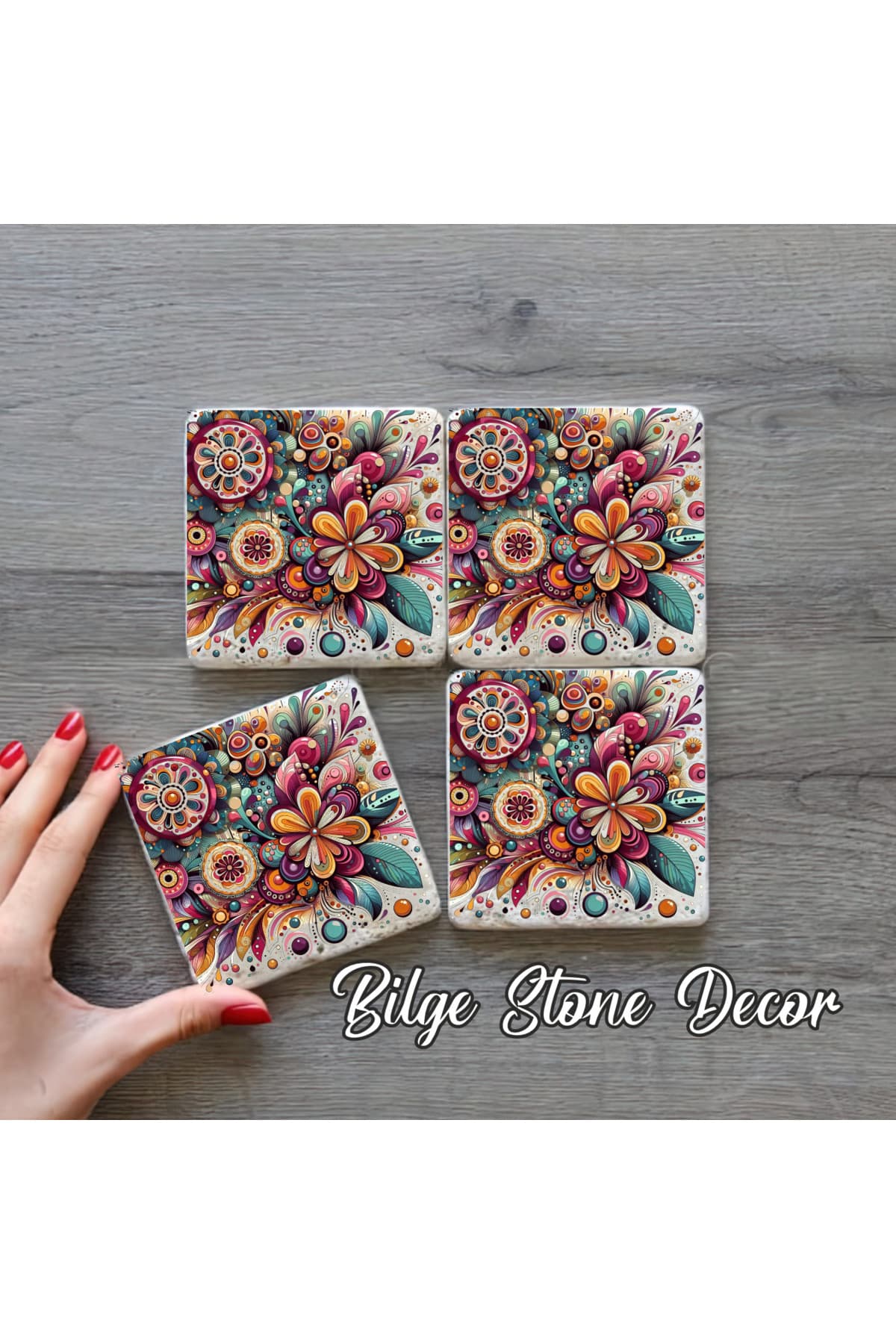 bilge tasarım Stone Decor Taş Bardak Altlığı 4'lü Set 10x10x1 Cm desenli