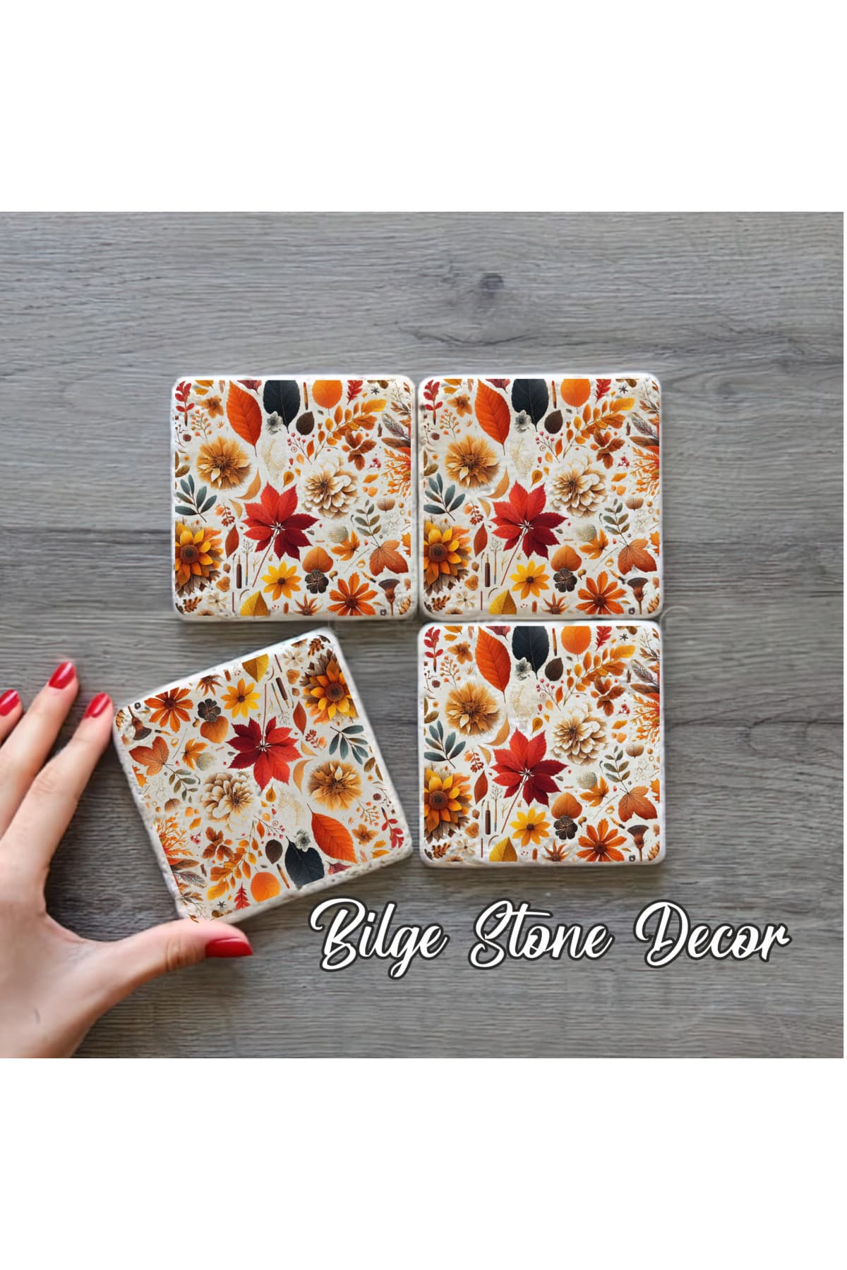 bilge tasarım Stone Decor Taş Bardak Altlığı 4'lü Set 10x10x1 Cm desenli