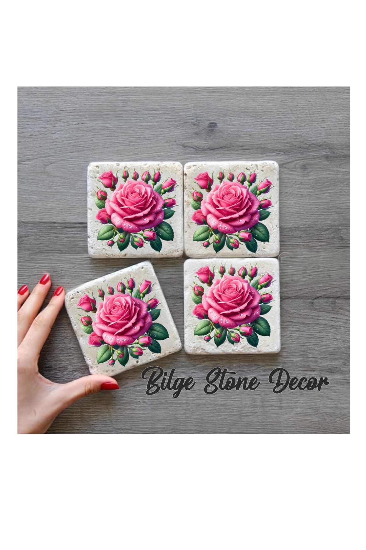 bilge tasarım Stone Decor Taş Bardak Altlığı 4'lü Set 10x10x1 Cm desenli