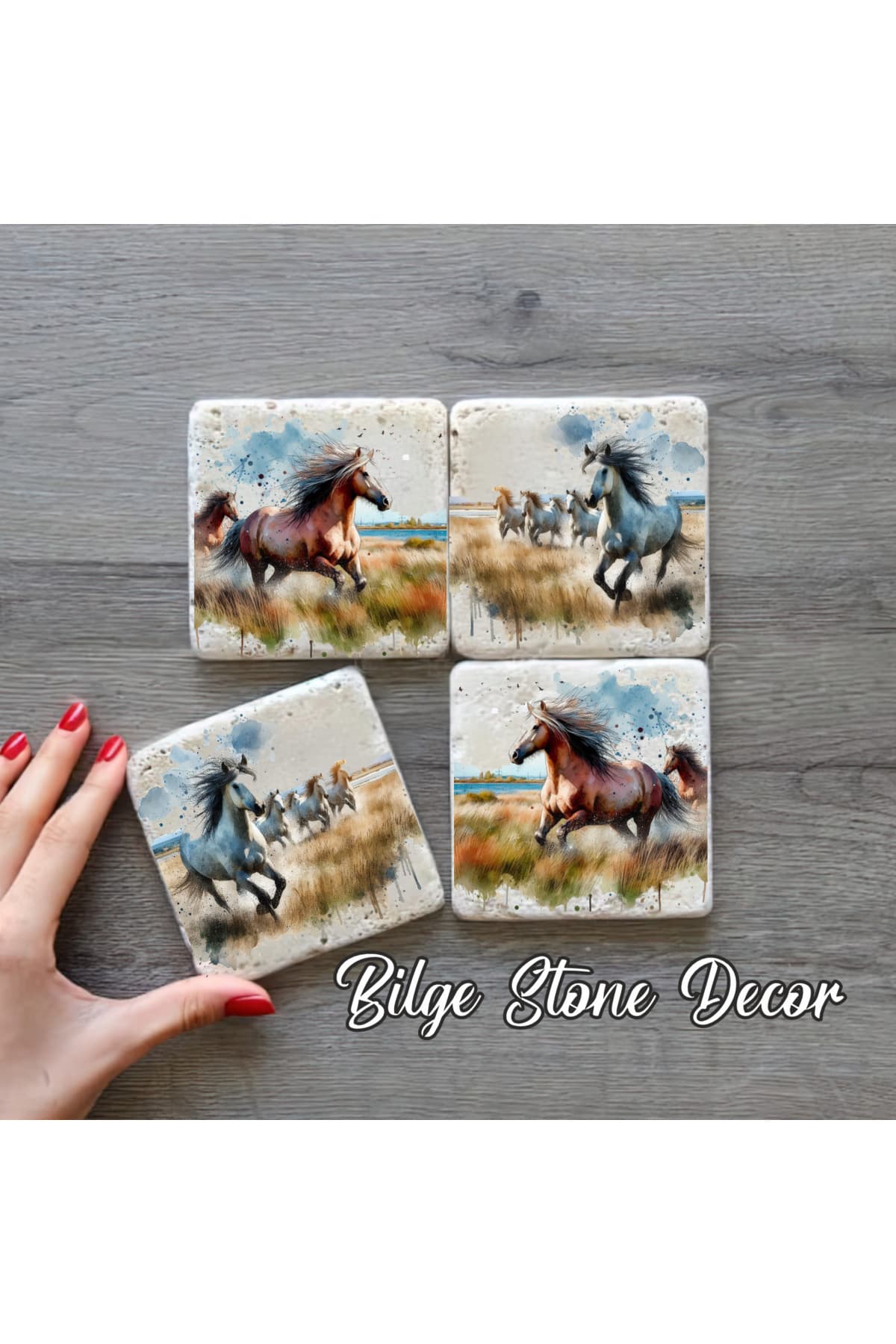 bilge tasarım Stone Decor Taş Bardak Altlığı 4'lü Set 10x10x1 Cm desenli