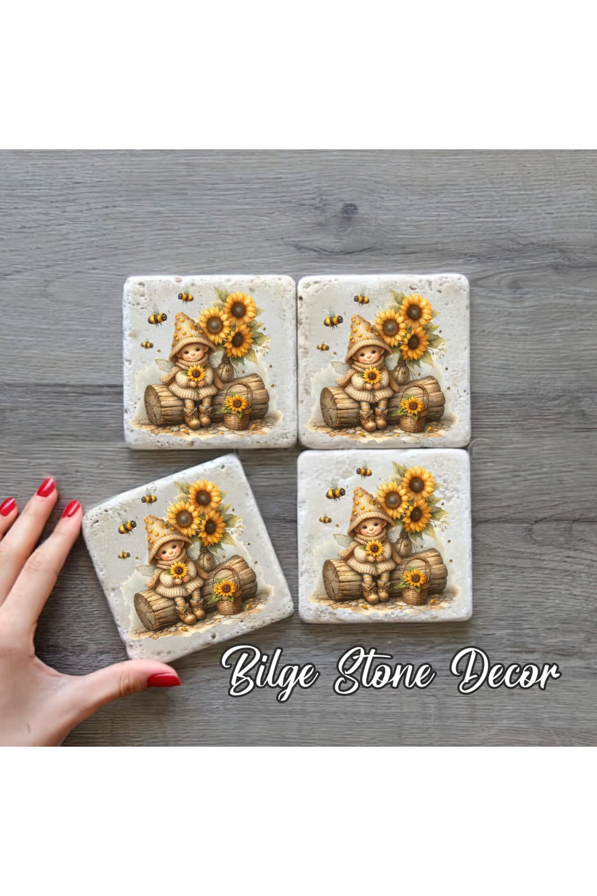 bilge tasarım Stone Decor Taş Bardak Altlığı 4'lü Set 10x10x1 Cm desenli