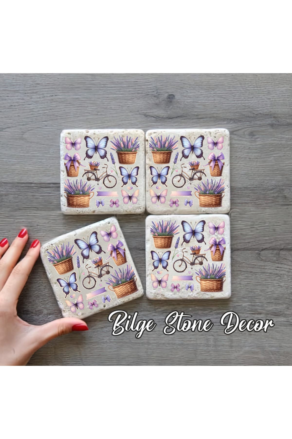 KOPYA - bilge tasarım Stone Decor Taş Bardak Altlığı 4'lü Set 10x10x1 Cm desenli