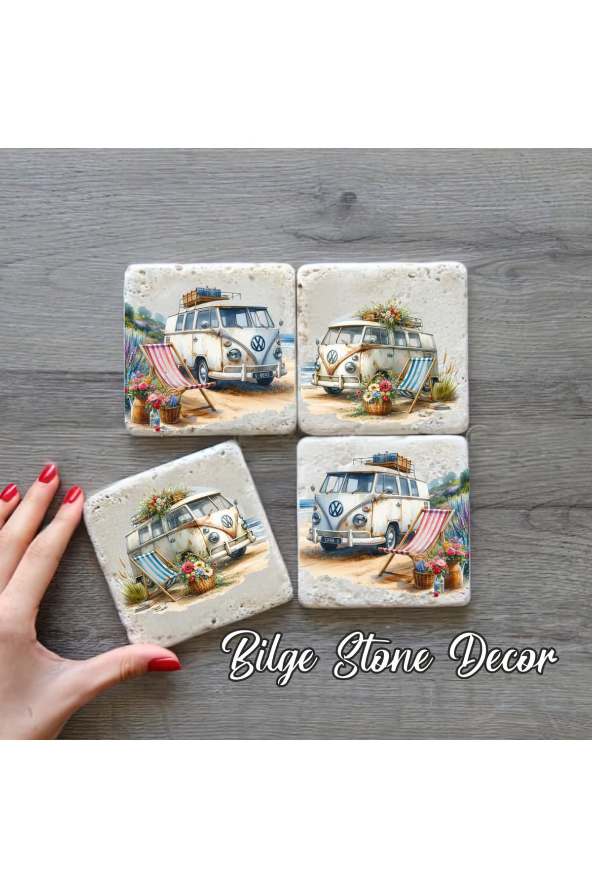 bilge tasarım Stone Decor Taş Bardak Altlığı 4'lü Set 10x10x1 Cm desenli