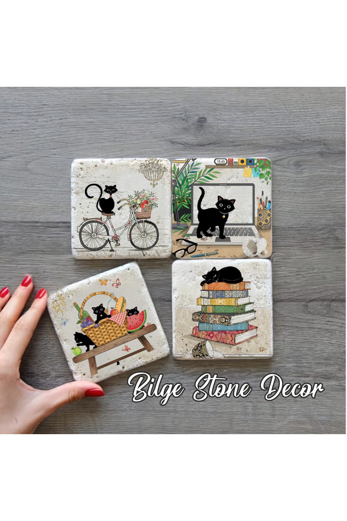 bilge tasarım Stone Decor Taş Bardak Altlığı 4'lü Set 10x10x1 Cm desenli