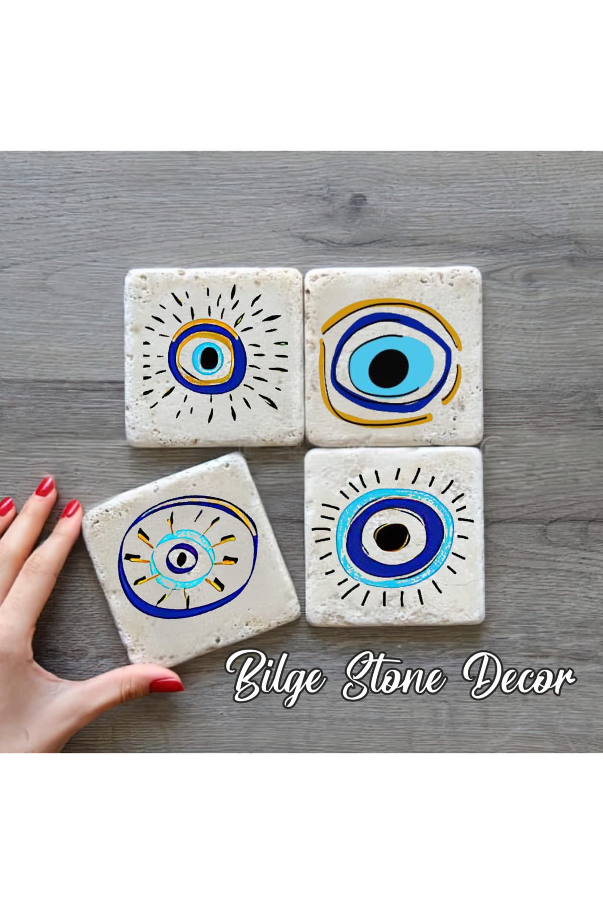 bilge tasarım Stone Decor Taş Bardak Altlığı 4'lü Set 10x10x1 Cm desenli