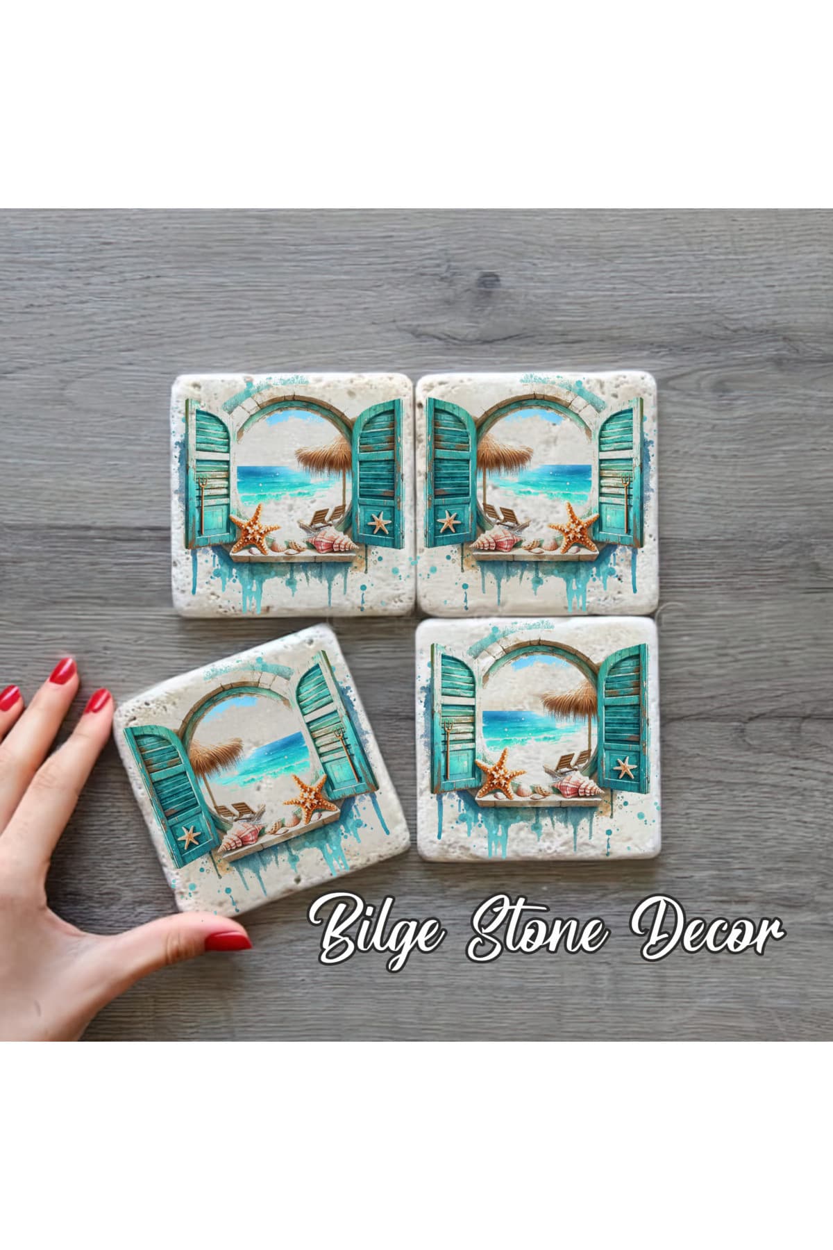 bilge tasarım Stone Decor Taş Bardak Altlığı 4'lü Set 10x10x1 Cm desenli