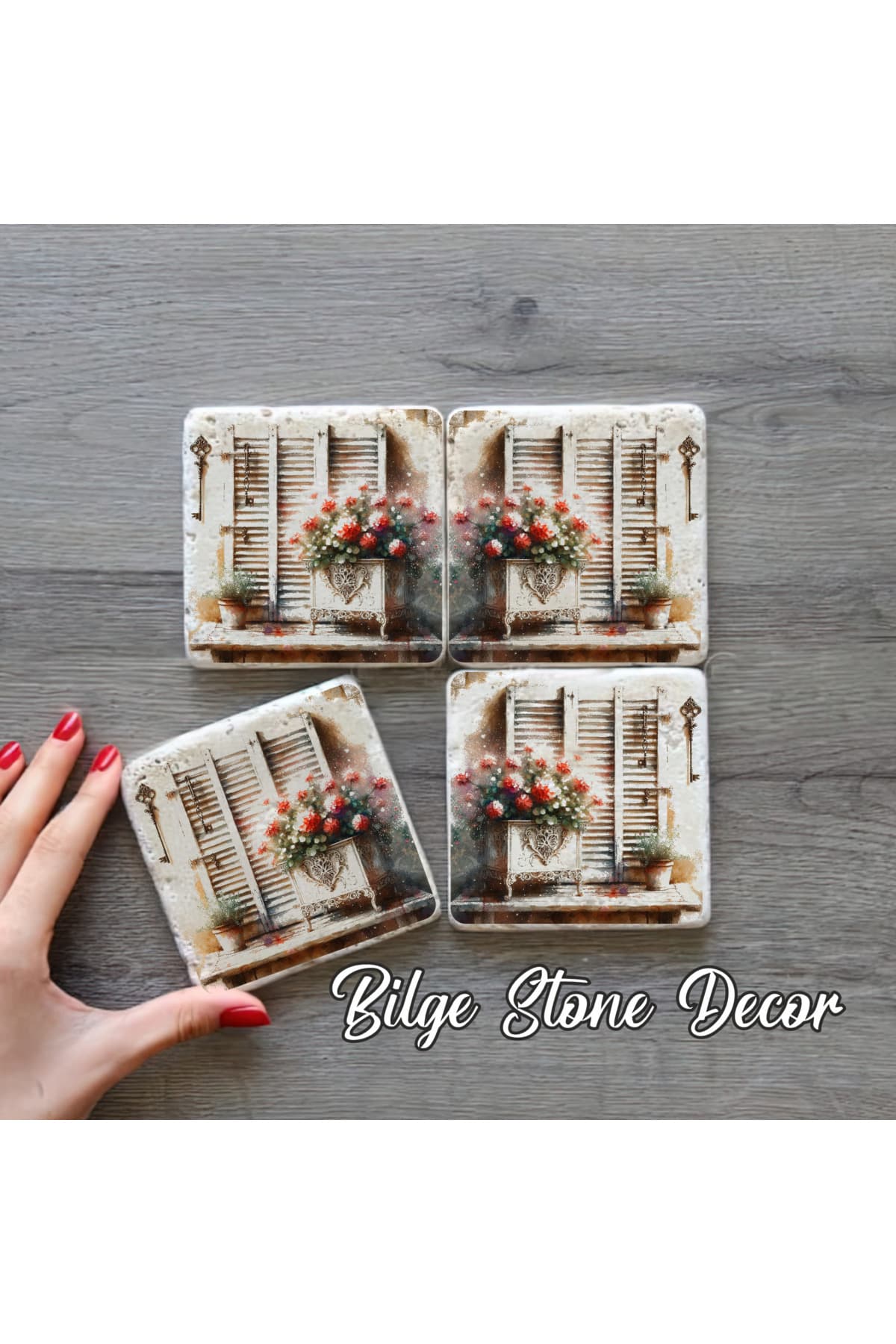 bilge tasarım Stone Decor Taş Bardak Altlığı 4'lü Set 10x10x1 Cm desenli