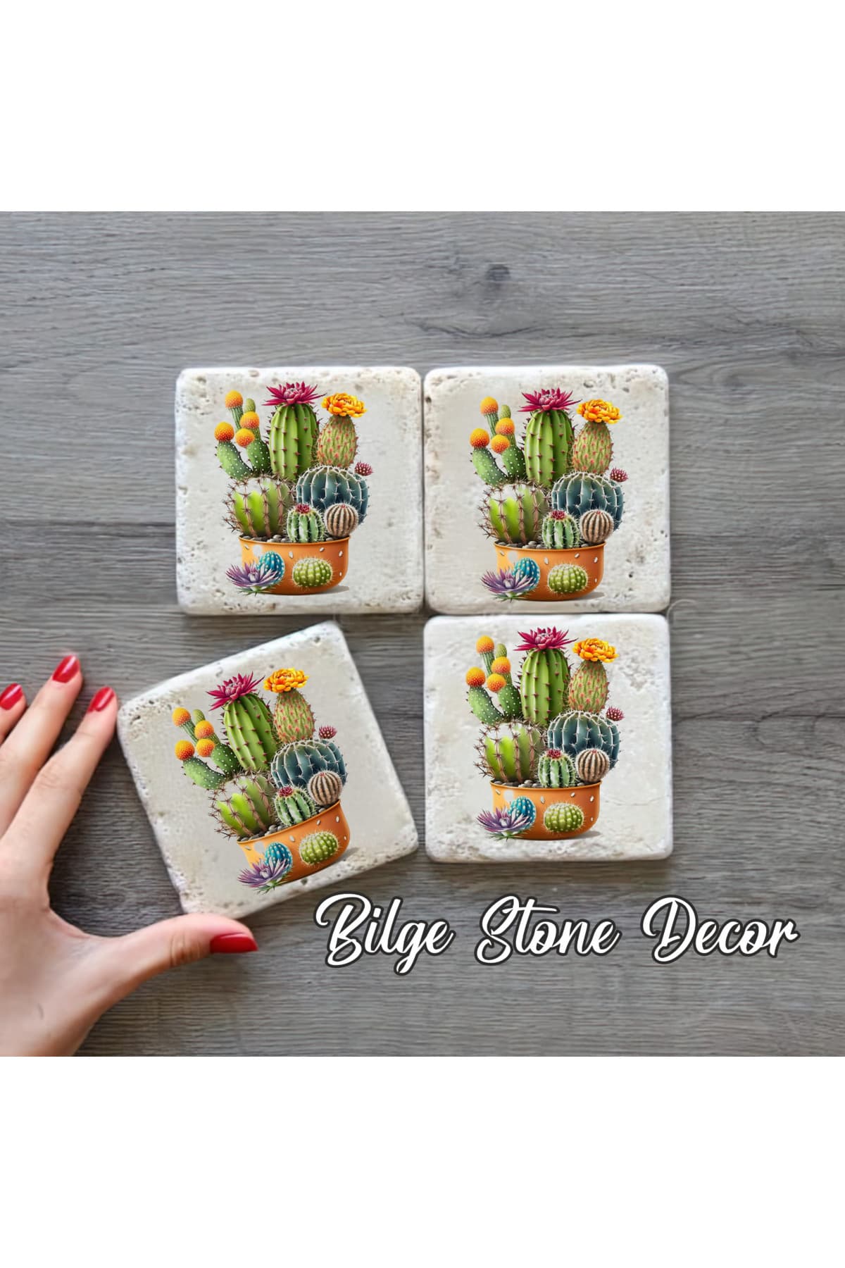 bilge tasarım Stone Decor Taş Bardak Altlığı 4'lü Set 10x10x1 Cm desenli