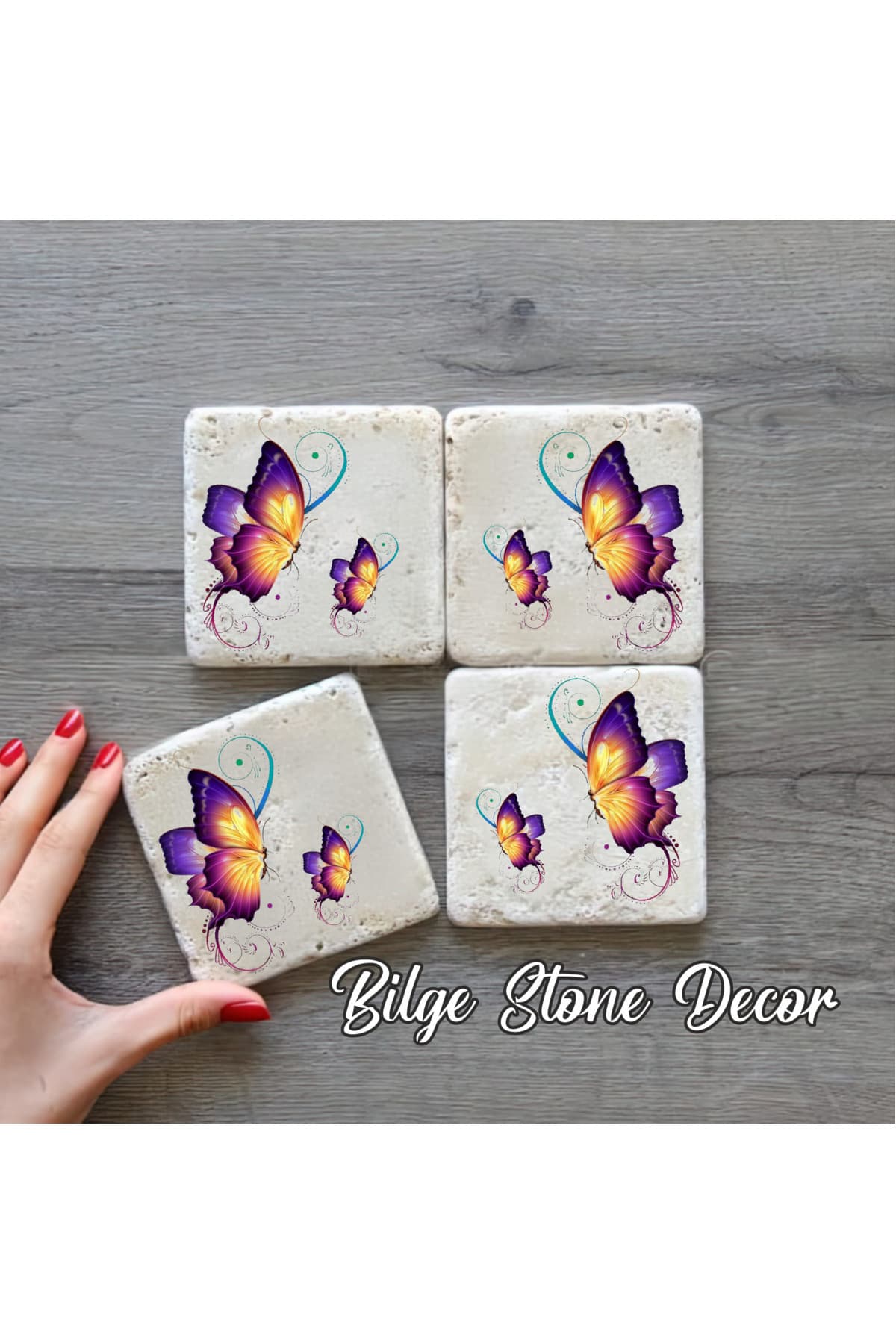 bilge tasarım Stone Decor Taş Bardak Altlığı 4'lü Set 10x10x1 Cm desenli