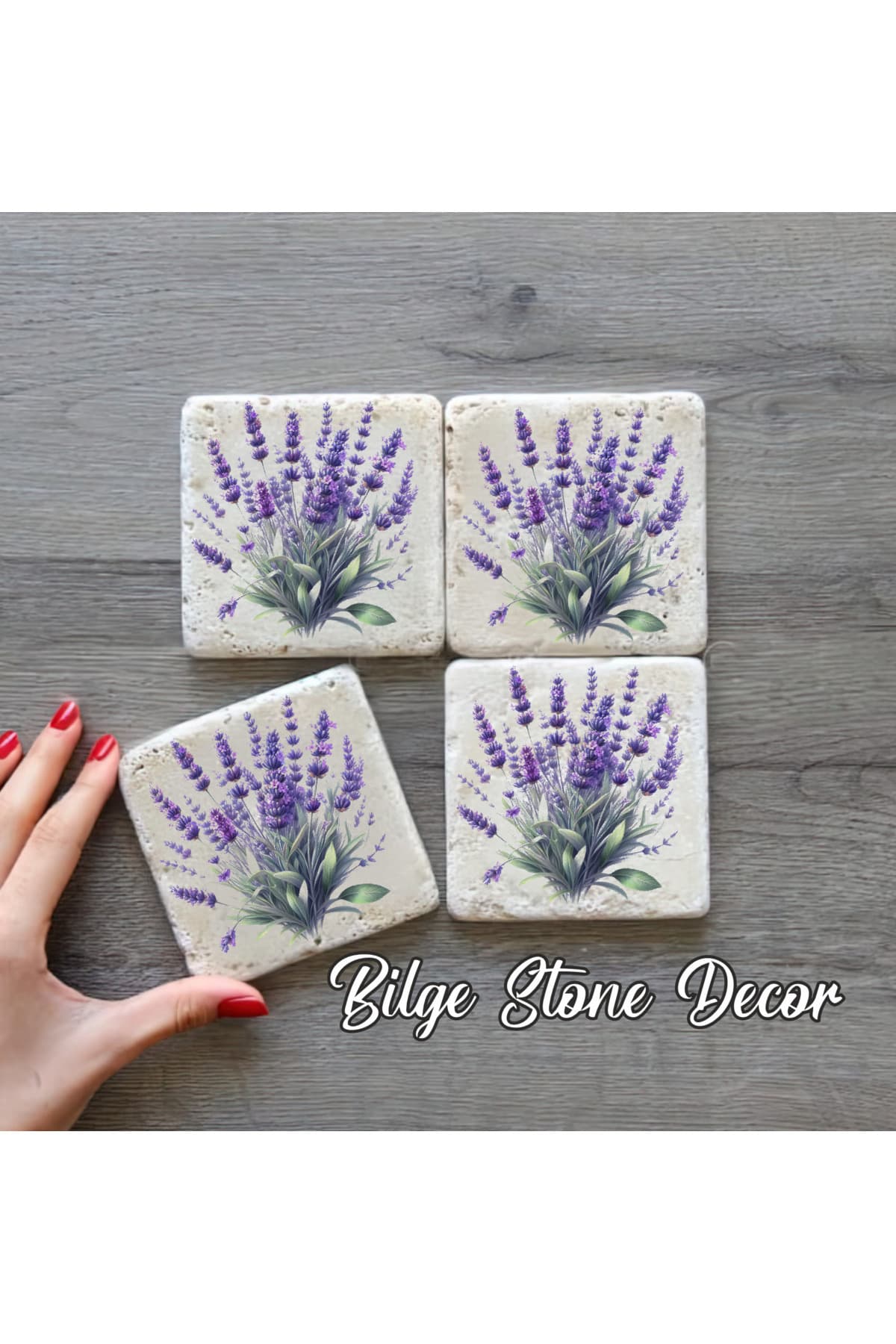 bilge tasarım Stone Decor Taş Bardak Altlığı 4'lü Set 10x10x1 Cm desenli