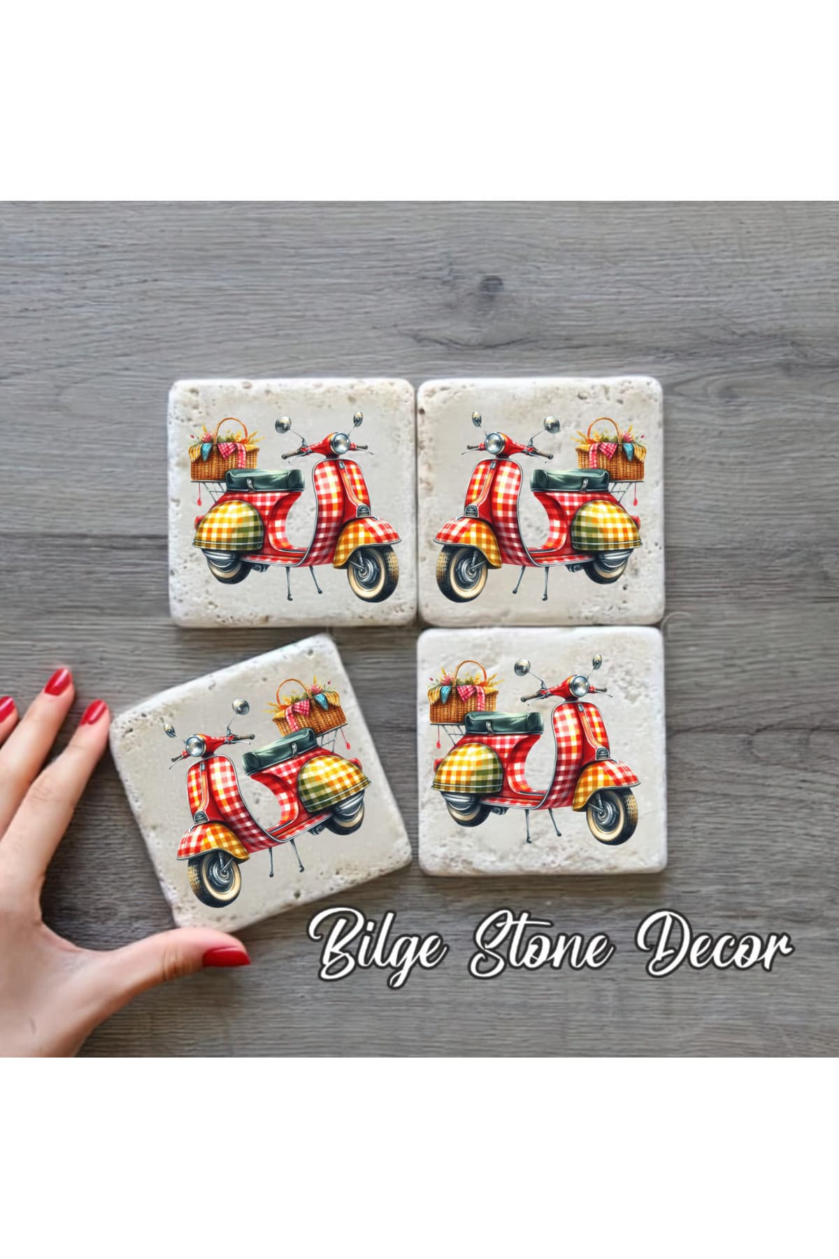 bilge tasarım Stone Decor Taş Bardak Altlığı 4'lü Set 10x10x1 Cm desenli