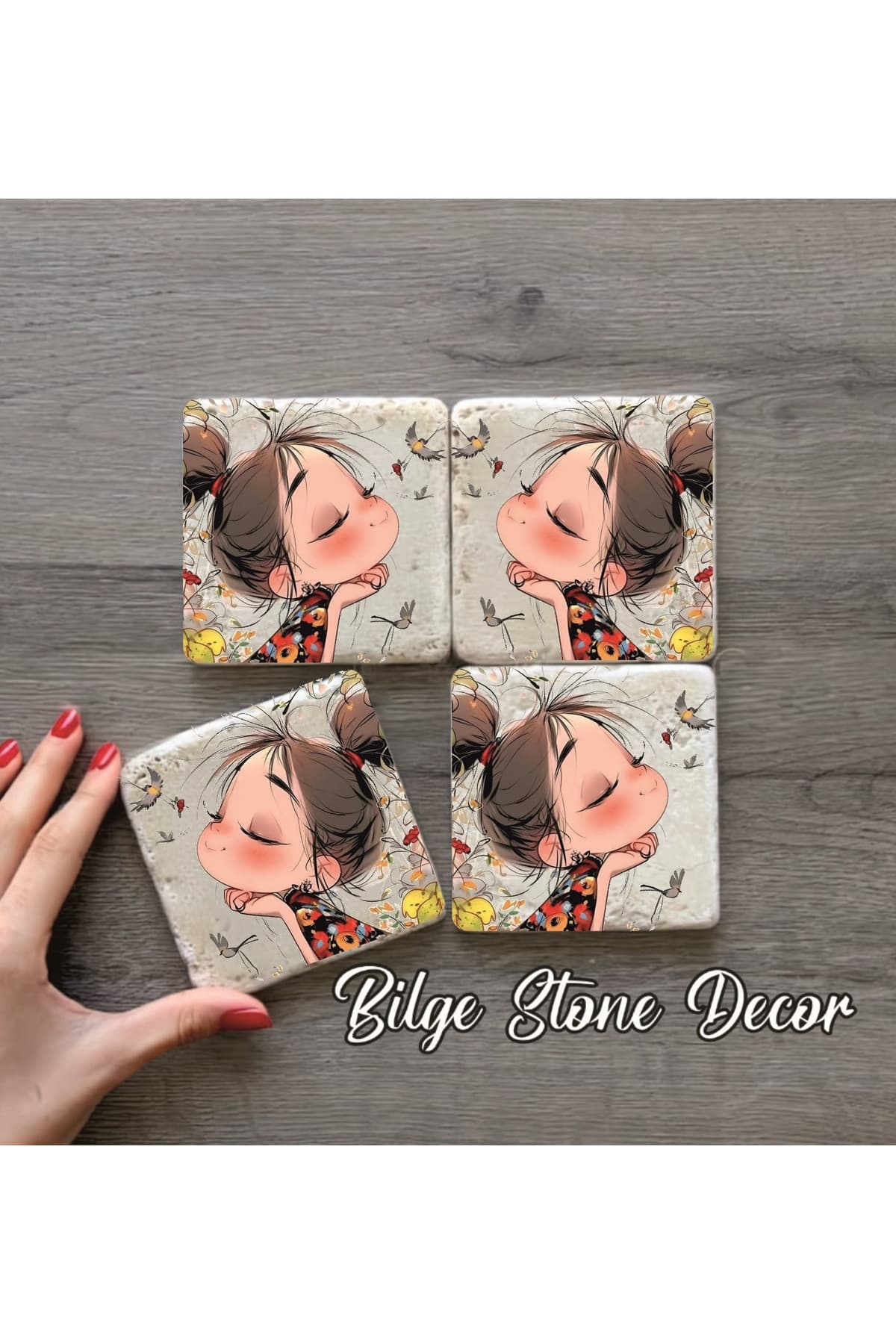 bilge tasarım Stone Decor Taş Bardak Altlığı 4'lü Set 10x10x1 Cm desenli