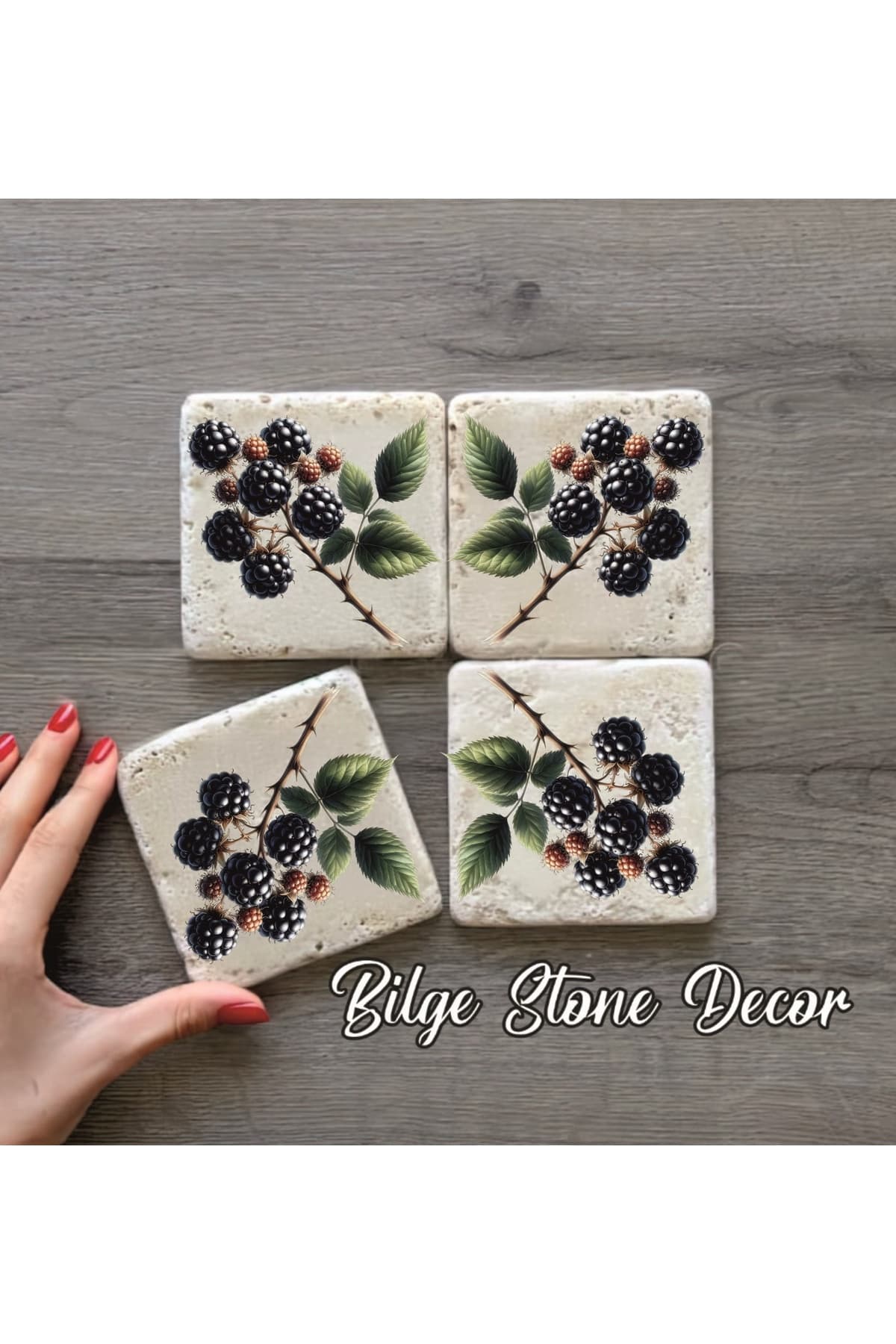 bilge tasarım Stone Decor Taş Bardak Altlığı 4'lü Set 10x10x1 Cm desenli