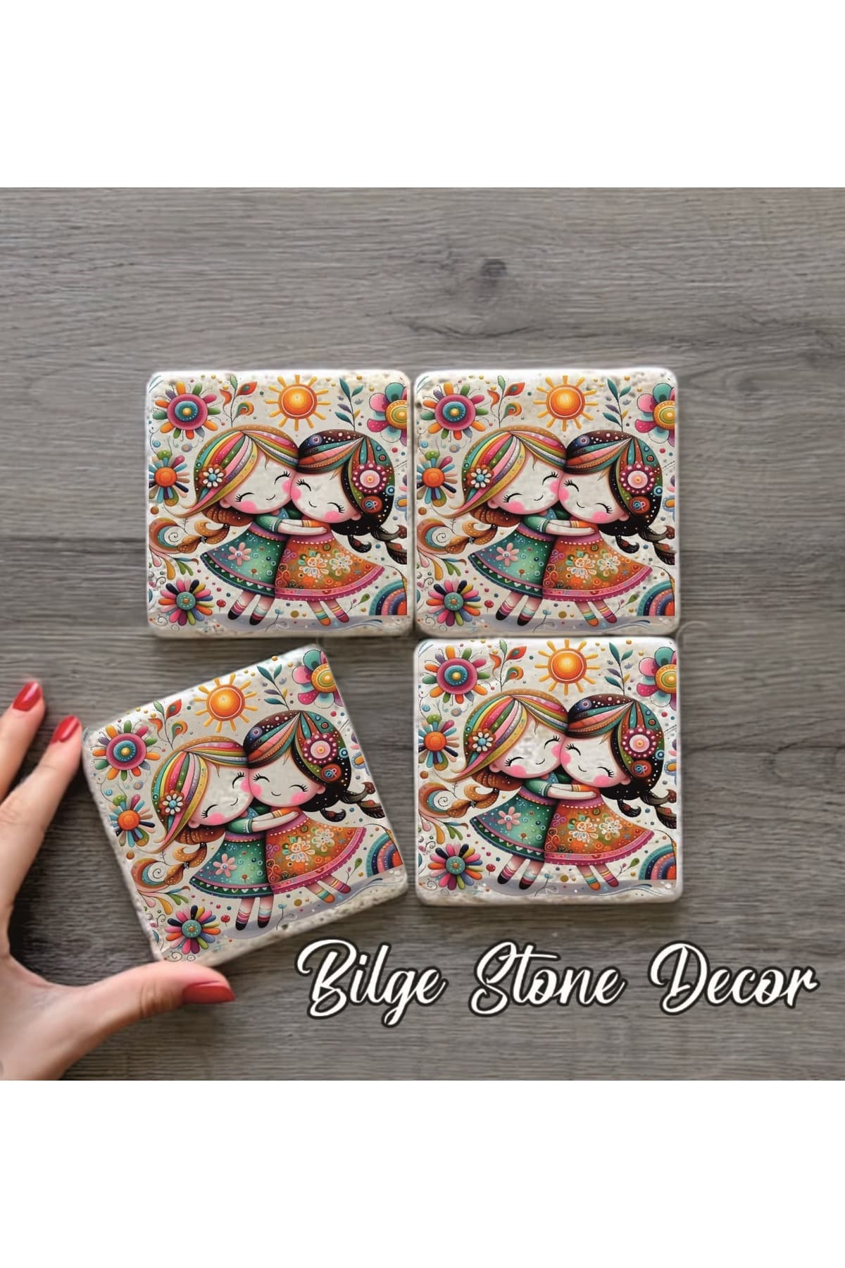 bilge tasarım Stone Decor Taş Bardak Altlığı 4'lü Set 10x10x1 Cm desenli