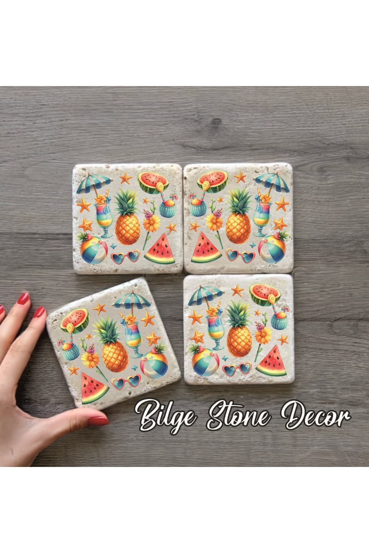 bilge tasarım Stone Decor Taş Bardak Altlığı 4'lü Set 10x10x1 Cm desenli