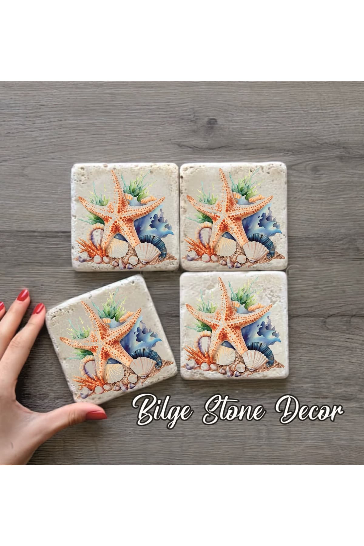 BİLGE tasarım Stone Decor Taş Bardak Altlığı 4'lü Set 10x10x1 Cm desenli