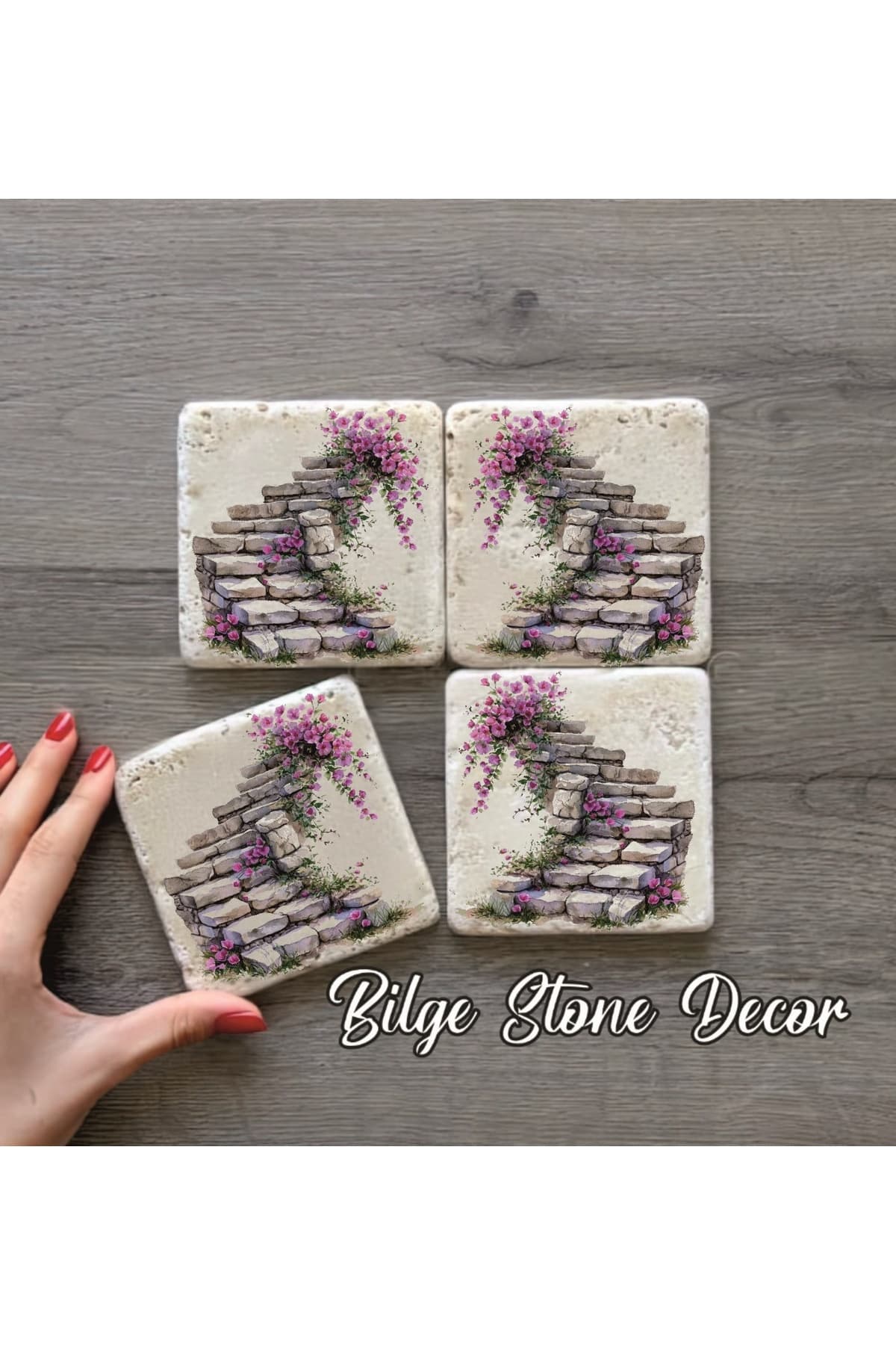 bilge tasarım Stone Decor Taş Bardak Altlığı 4'lü Set 10x10x1 Cm desenli