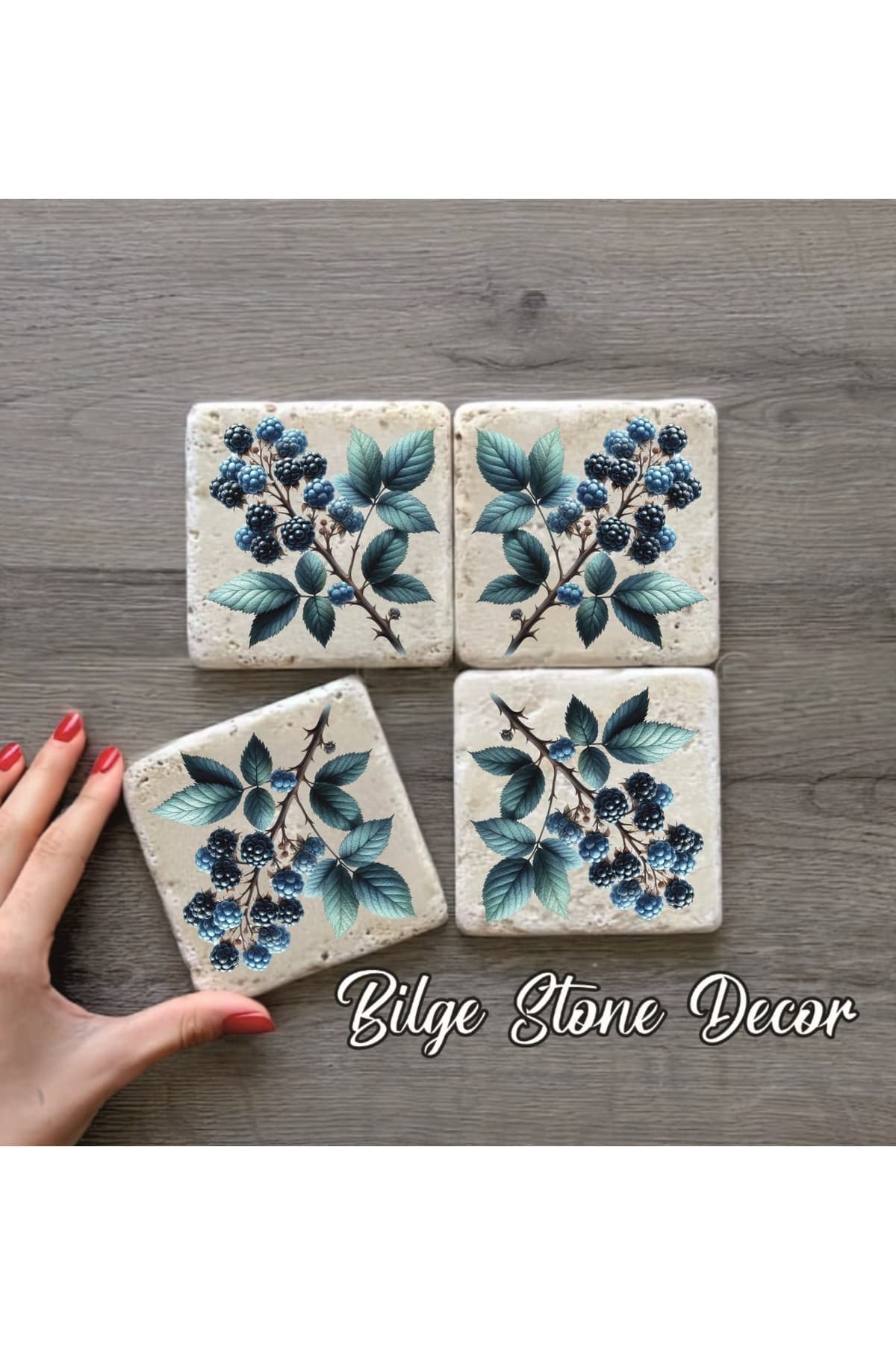 bilge tasarım Stone Decor Taş Bardak Altlığı 4'lü Set 10x10x1 Cm desenli