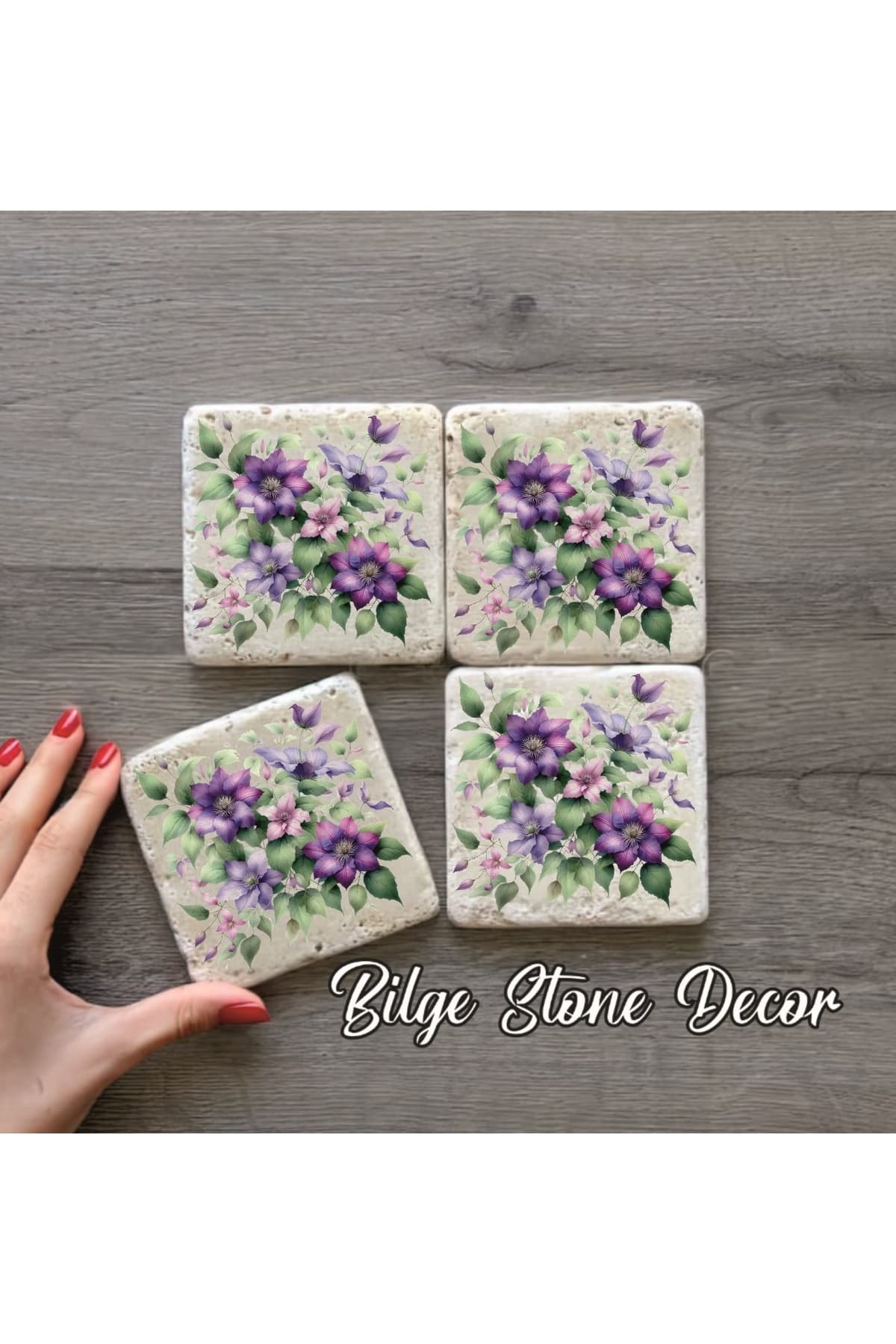 BİLGE tasarım Stone Decor Taş Bardak Altlığı 4'lü Set 10x10x1 Cm desenli