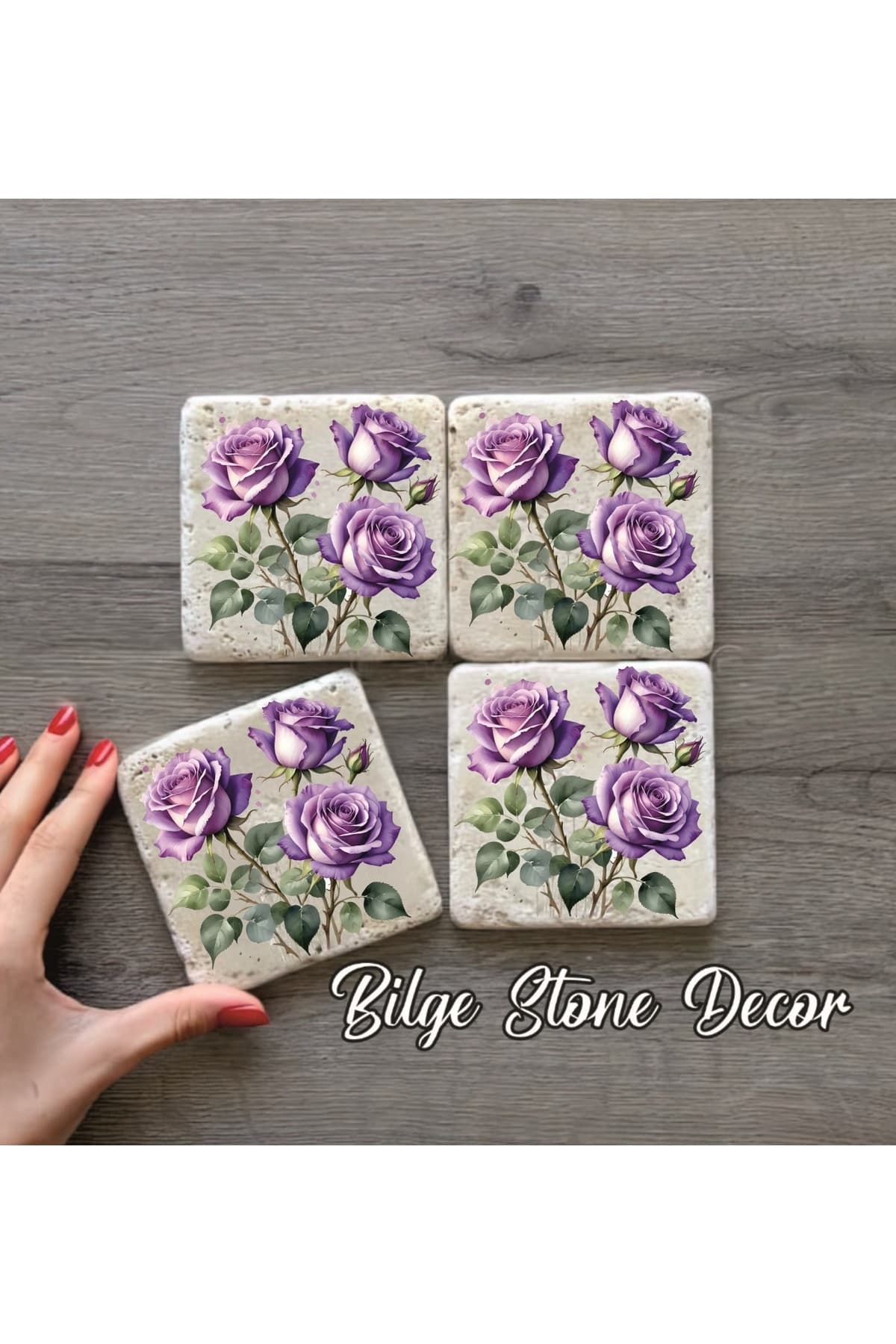 BİLGE tasarım Stone Decor Taş Bardak Altlığı 4'lü Set 10x10x1 Cm desenli
