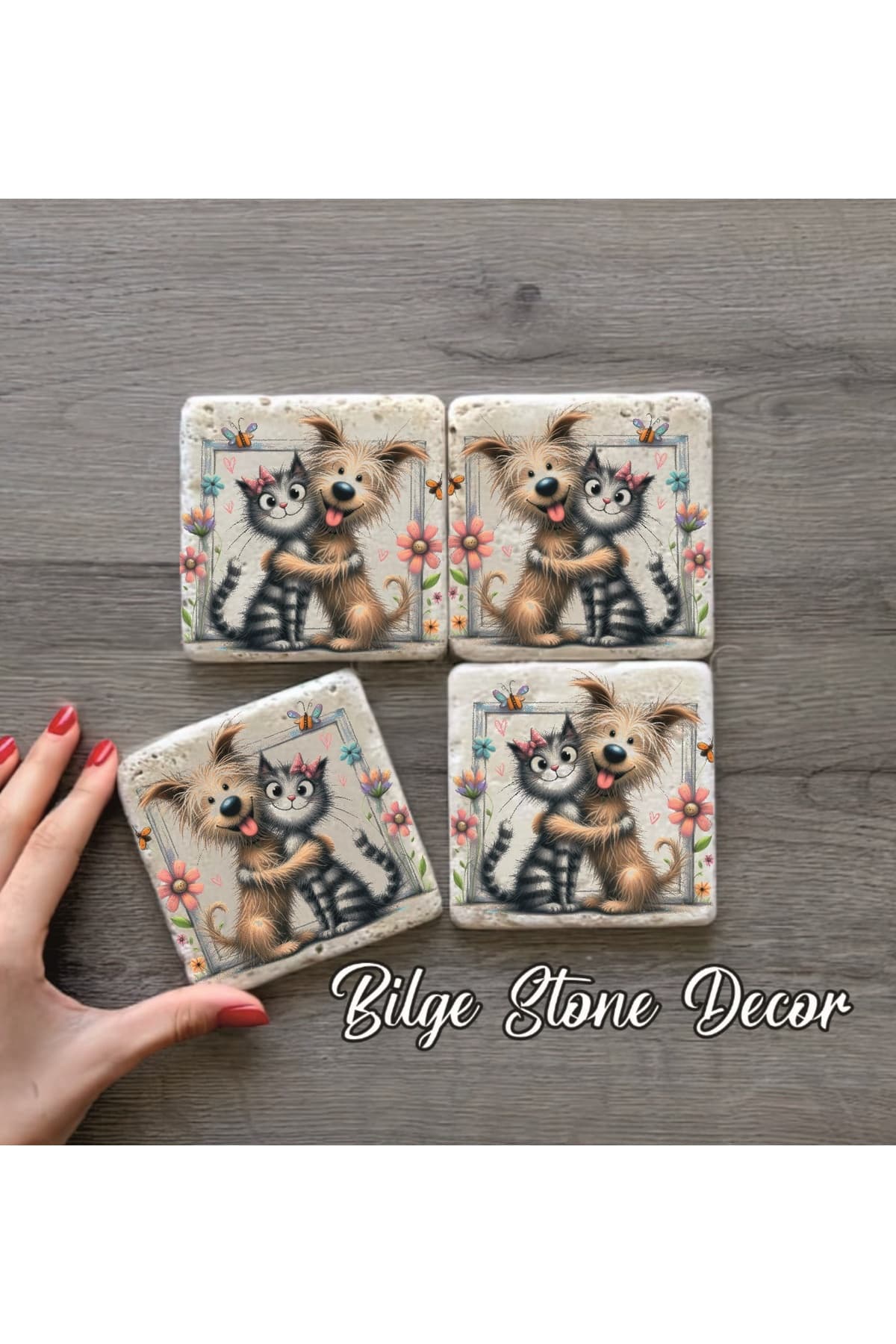 bilge tasarım Stone Decor Taş Bardak Altlığı 4'lü Set 10x10x1 Cm desenli