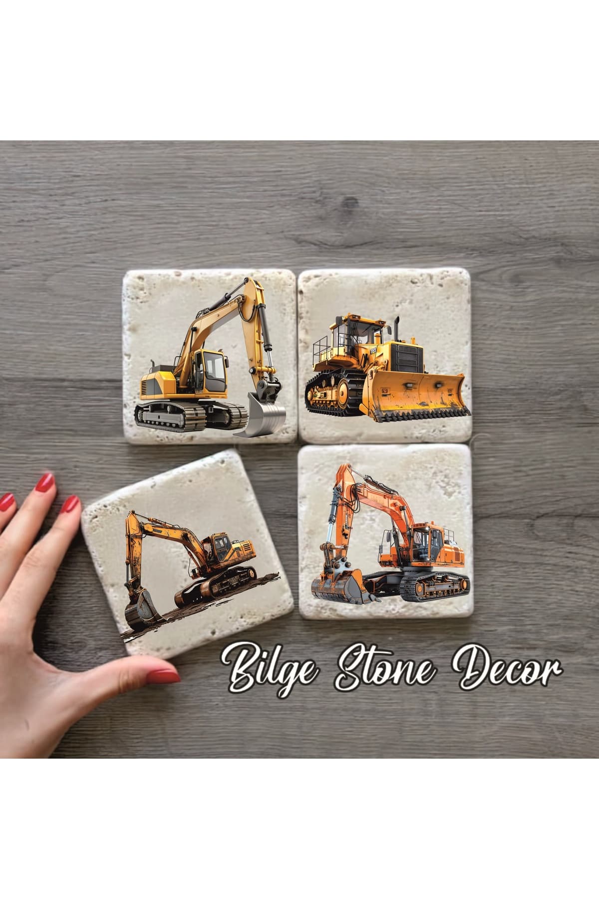 BİLGE tasarım Stone Decor Taş Bardak Altlığı iş makınaları temalı 4'lü Set 10x10x1 Cm desenli