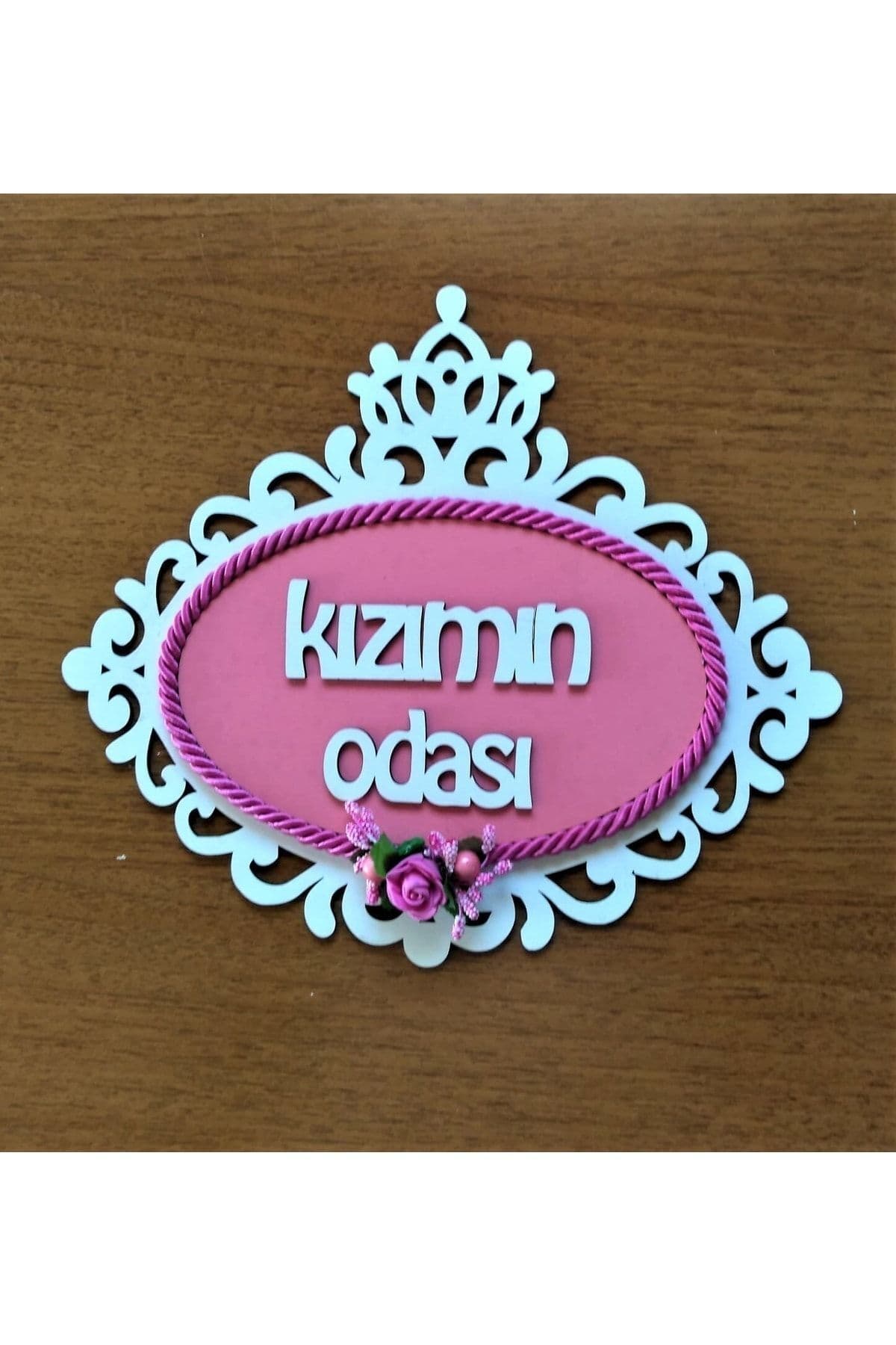 Ahşap Pembe Halat Detaylı Çiçekli Kapı Duvar Süsü Kızımın Odası