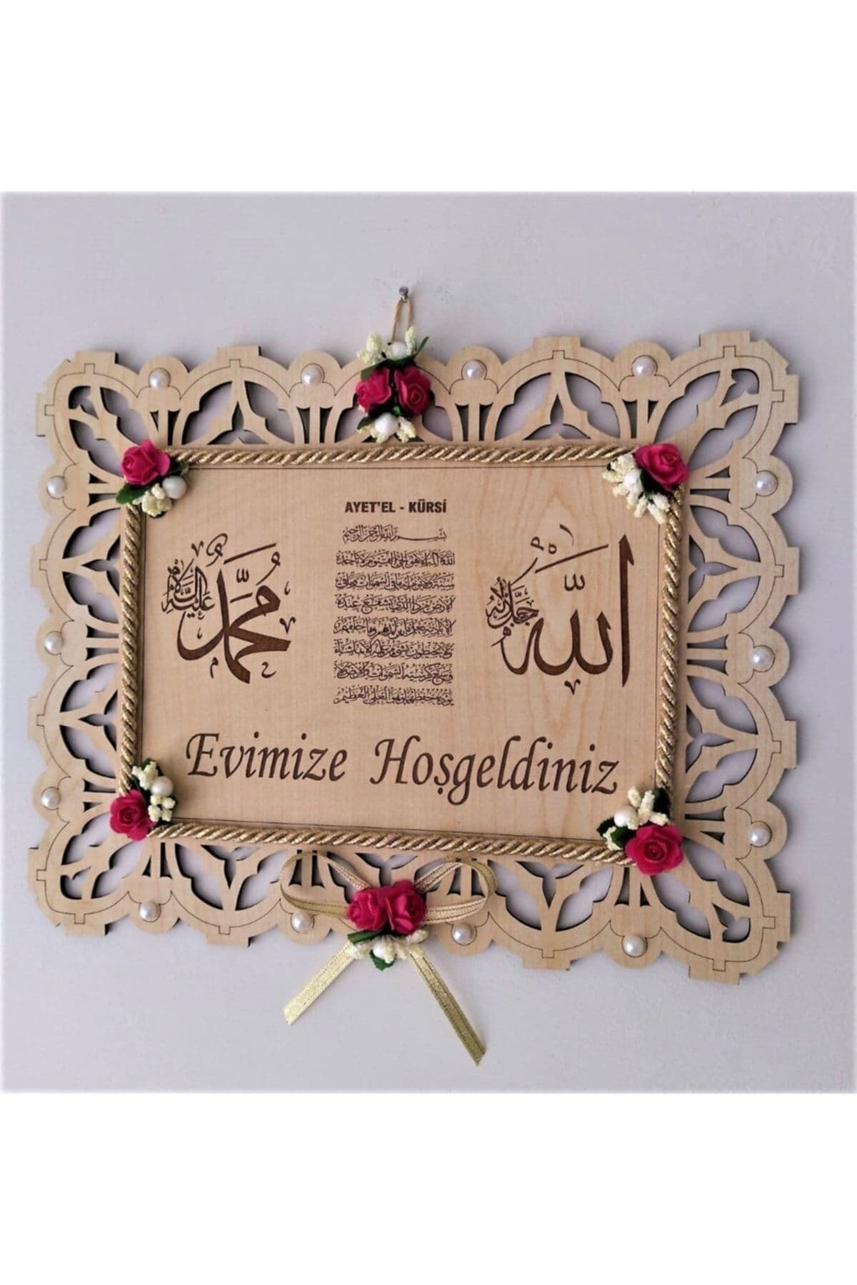 Bilge Ahşap Çiçekli Dualı Kapı Duvar Süsü Evimize Hoşgeldiniz Detaylı