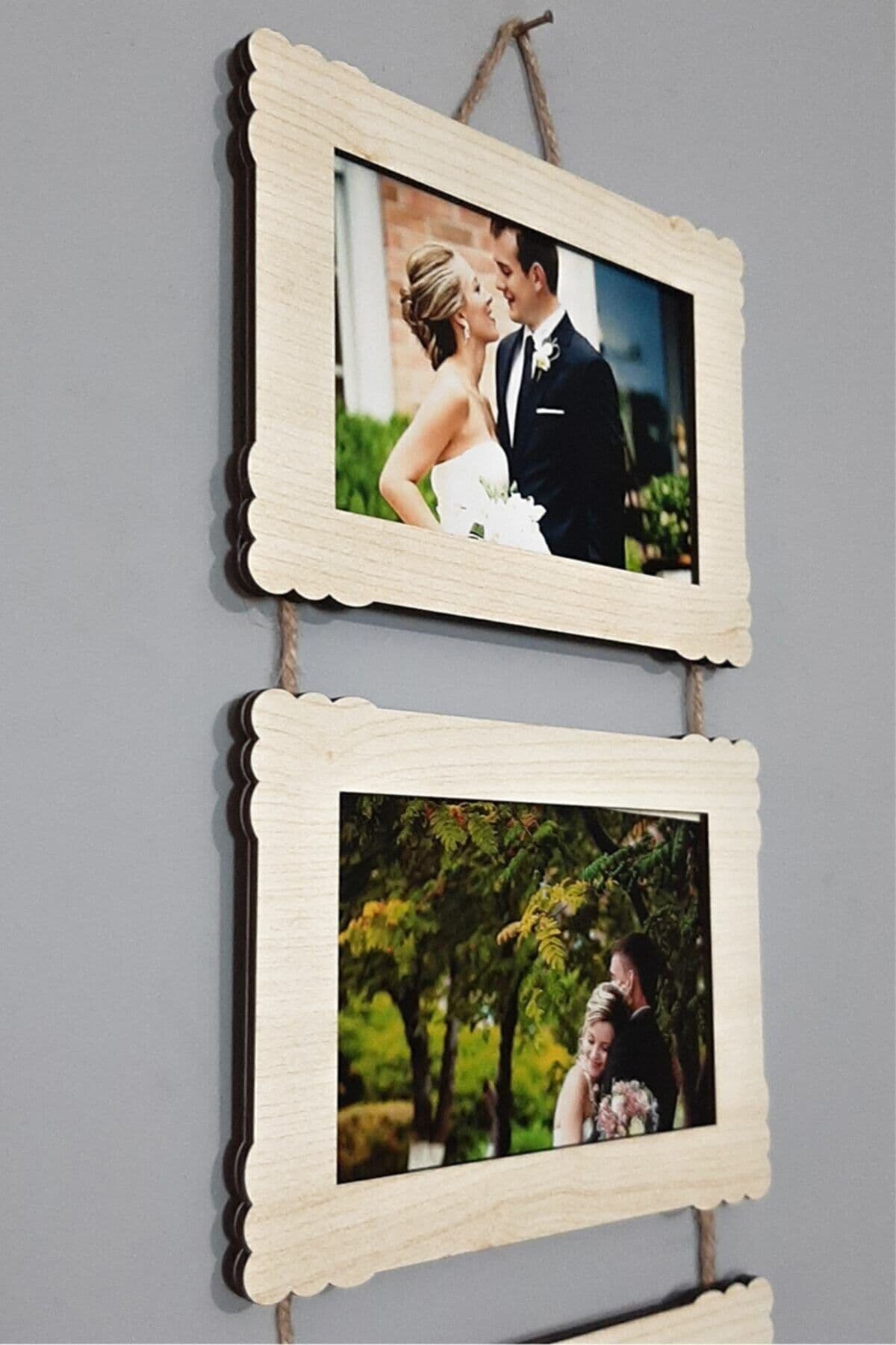 Bilge Ahşap 3'lü 10x15 Cm Hasır Ipli Fotoğraf Askılık Yatay- Akçaagaç - Detay