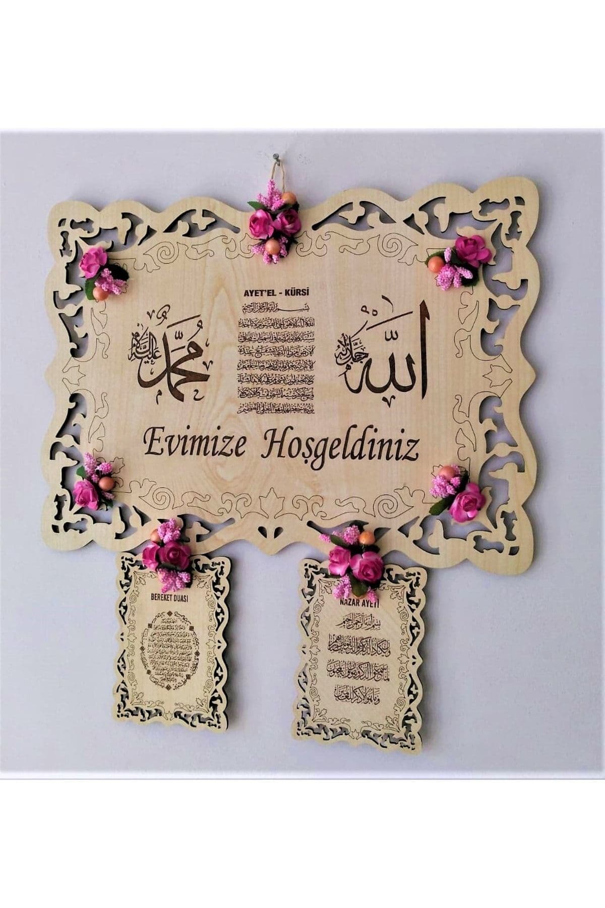 Bilge Ahşap Çiçekli Dualı Kapı Duvar Süsü Evimize Hoşgeldiniz Detaylı