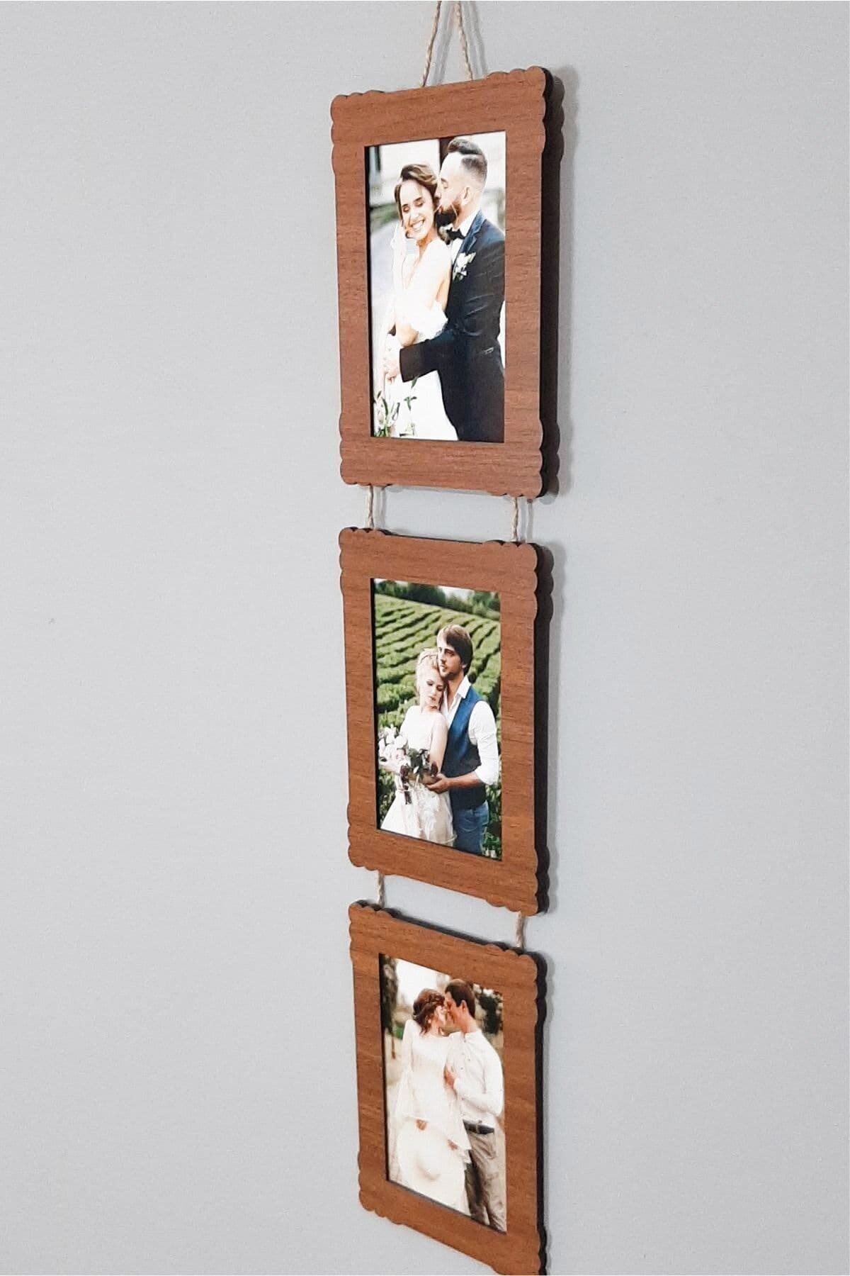 Bilge Ahşap 3'lü 10x15 Cm Hasır Ipli Fotoğraf Askılık Dikey- Renk Ceviz