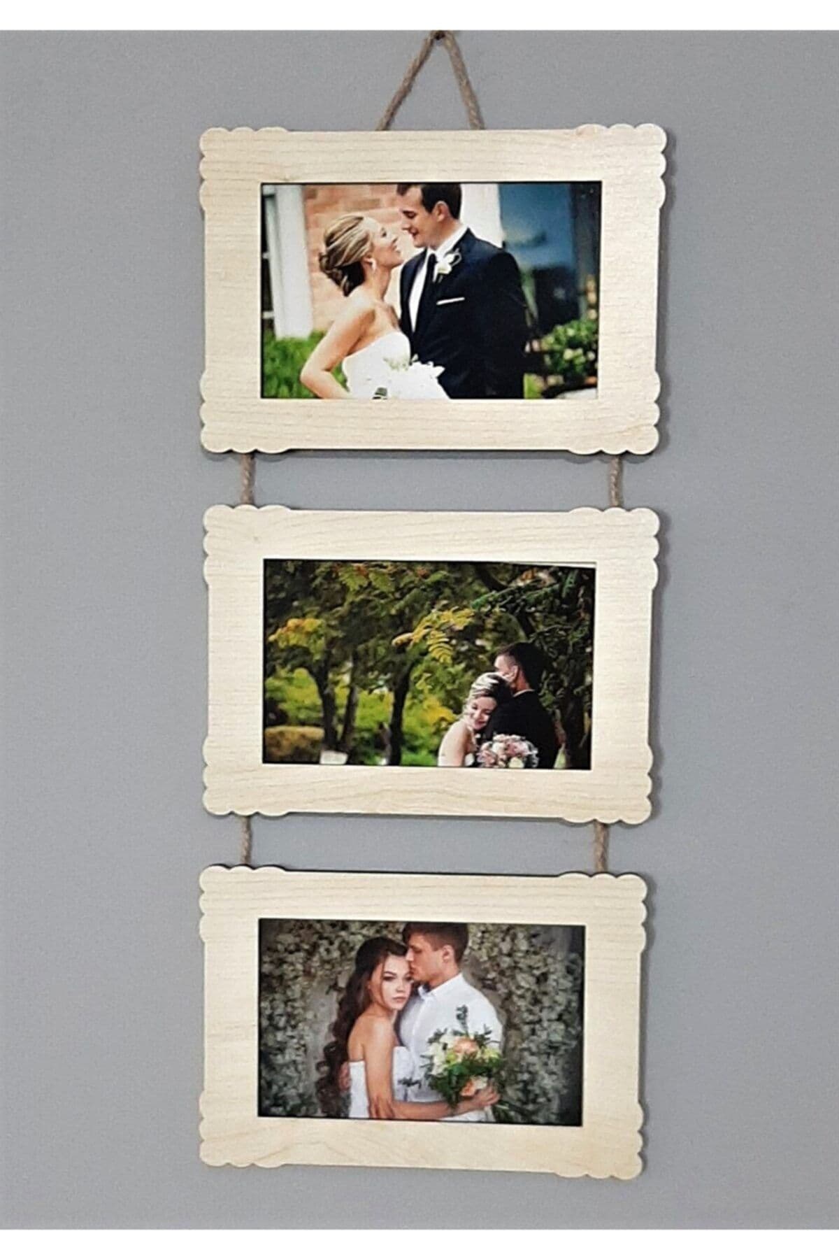 Bilge Ahşap 3'lü 10x15 Cm Hasır Ipli Fotoğraf Askılık Yatay- Akçaagaç