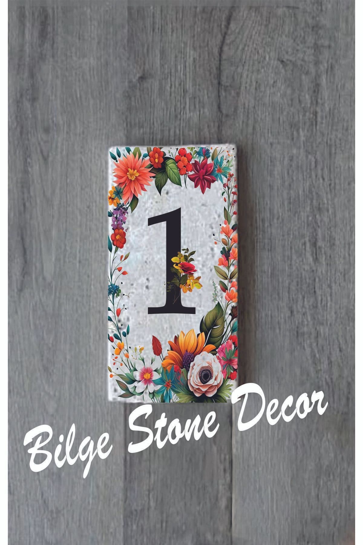 Bilge Stone Decor Doğal Taş Kapı Numarası, Uv Baskılı Kapı Numarası 7,5x15cm - Numara 1