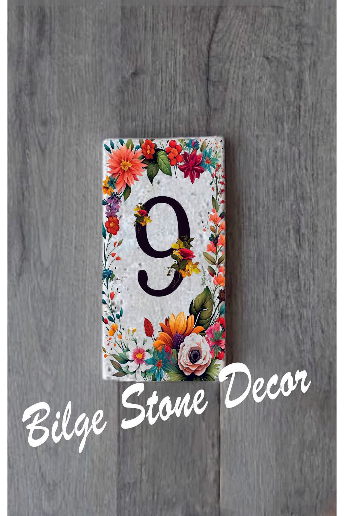 Bilge Stone Decor Doğal Taş Kapı Numarası, Uv Baskılı Kapı Numarası 7,5x15cm - Numara 9