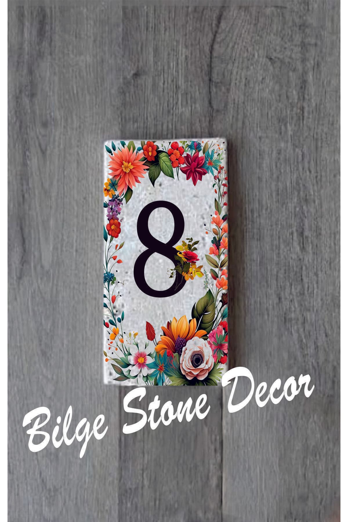 Bilge Stone Decor Doğal Taş Kapı Numarası, Uv Baskılı Kapı Numarası 7,5x15cm - Numara 8