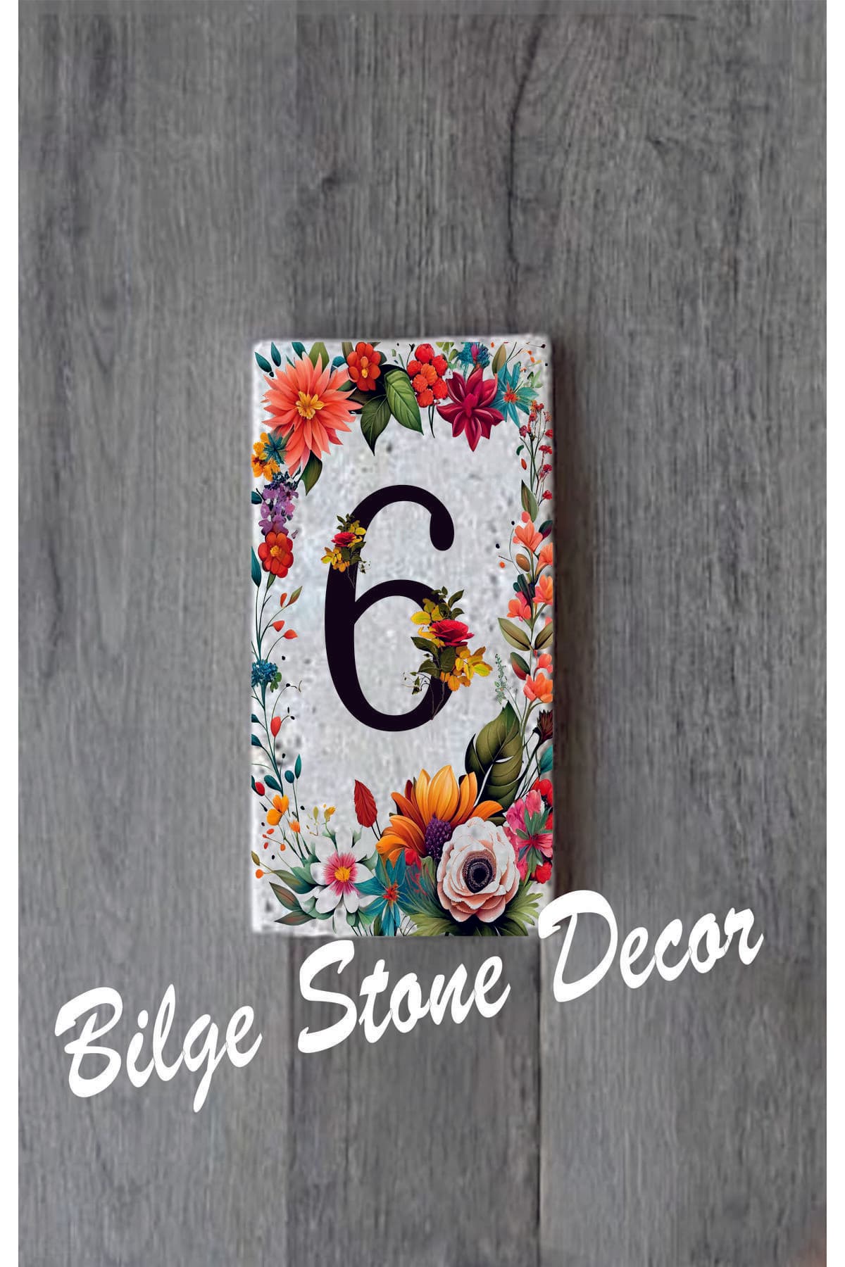 Bilge Stone Decor Doğal Taş Kapı Numarası, Uv Baskılı Kapı Numarası 7,5x15cm - Numara 6