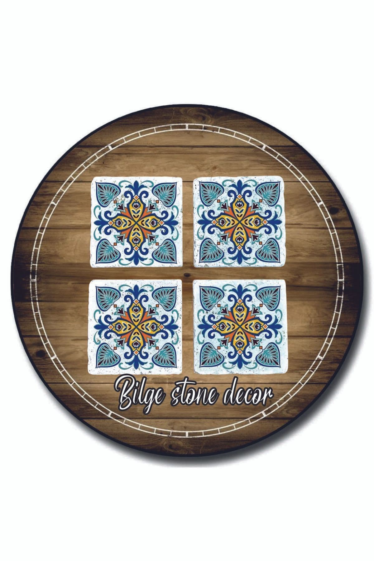 bilge tasarım Stone Decor Taş Bardak Altlığı 4'lü Set 10x10x1 Cm desenli
