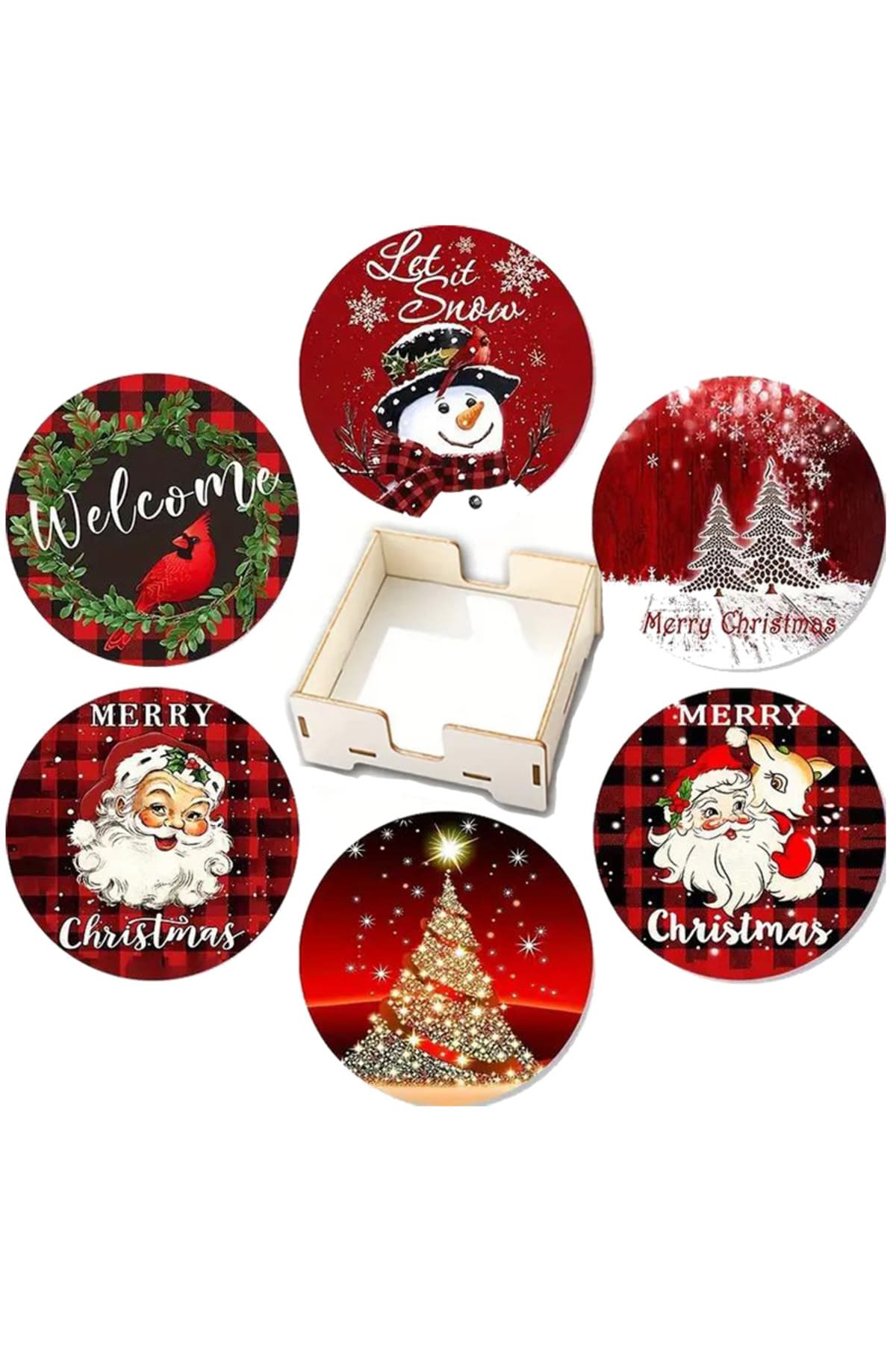 BİLGE tasarım Noel Yılbaşı Ahşap Bardak Altlığı - 6 lı set Set AHŞAP ÖZEL TASARIM KUTULU