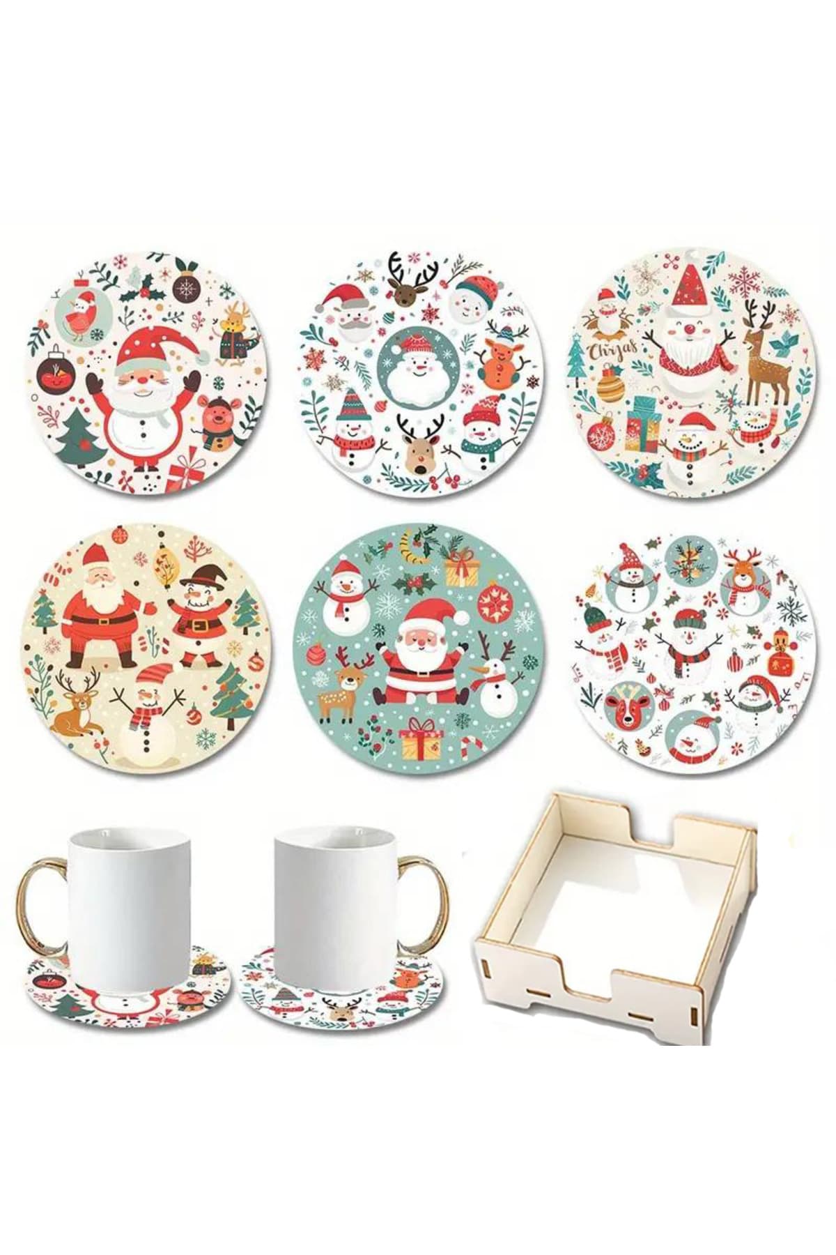 BİLGE tasarım Noel Yılbaşı Ahşap Bardak Altlığı - 6 lı set Set AHŞAP ÖZEL TASARIM KUTULU