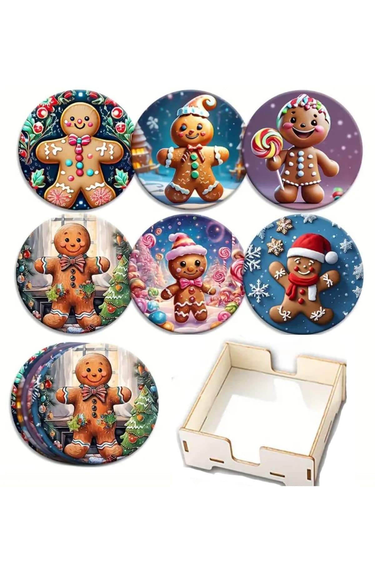 BİLGE tasarım Noel Yılbaşı Ahşap Bardak Altlığı - 6 lı set Set AHŞAP ÖZEL TASARIM KUTULU